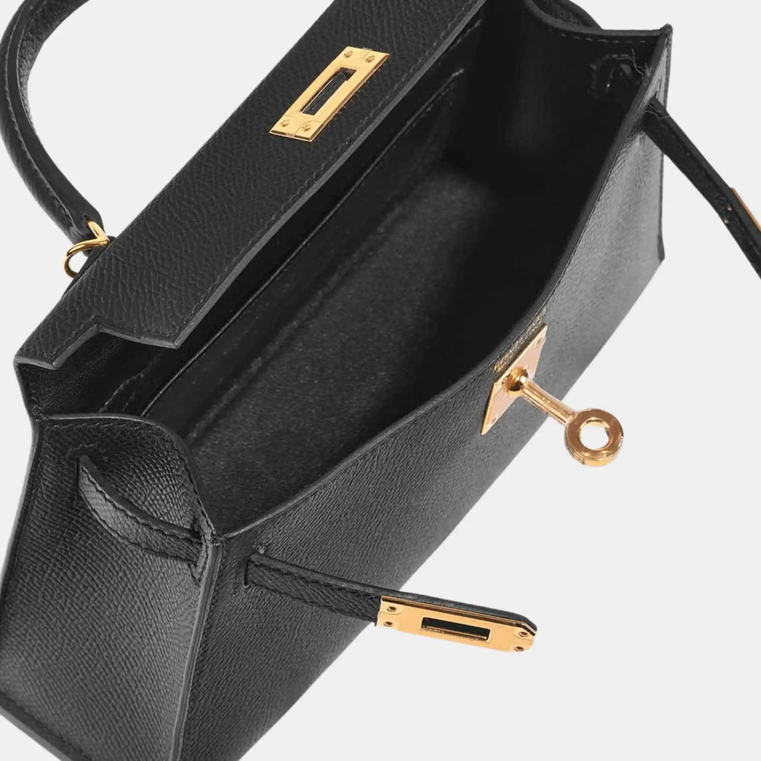 Hermes Kelly Mini Epsom أسود بمعدن ذهبي، أسود، من الداخل، من الأعلى