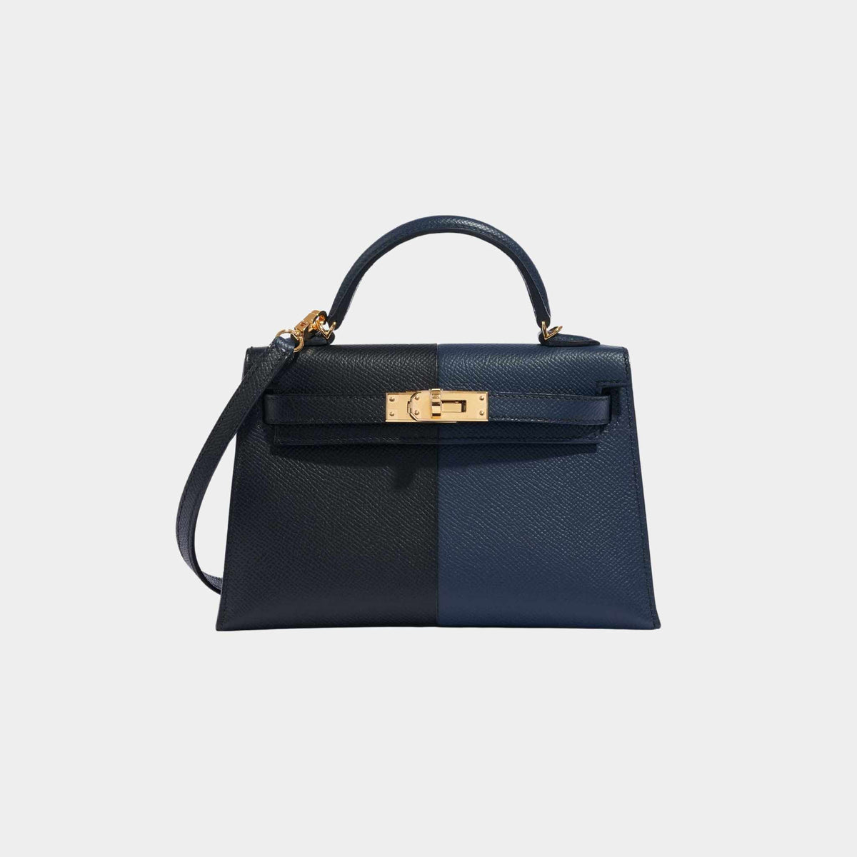 حقيبة Kelly Mini II 20 Casaque من جلد Epsom باللون Bleu Indigo وBlack مع إكسسوارات ذهبية