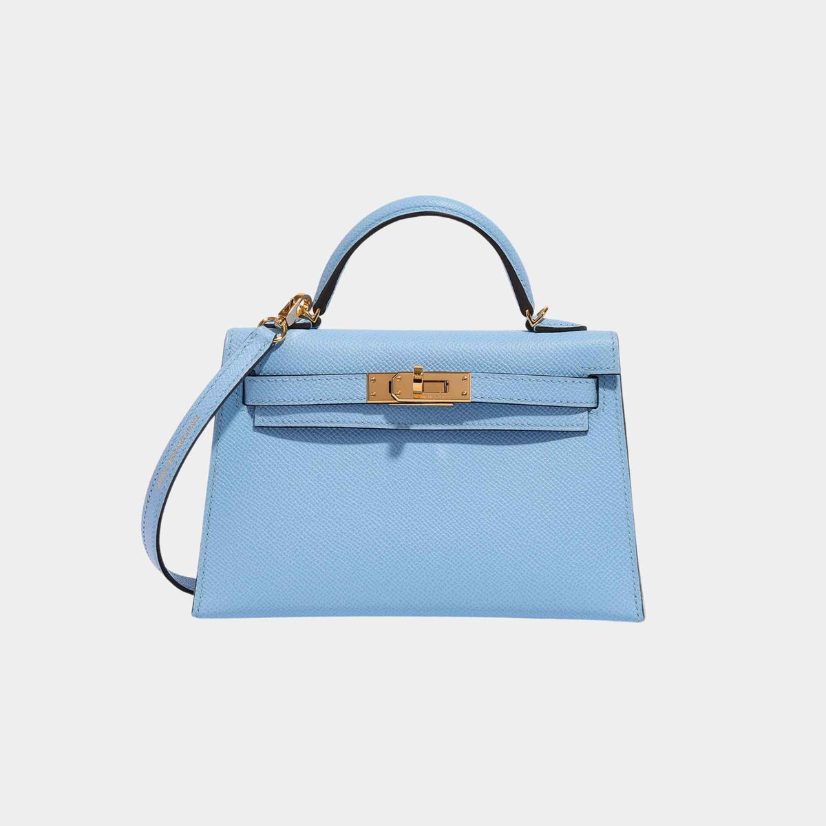 حقيبة Kelly Mini II 20 من جلد Epsom باللون Bleu Celeste مع إكسسوارات ذهبية