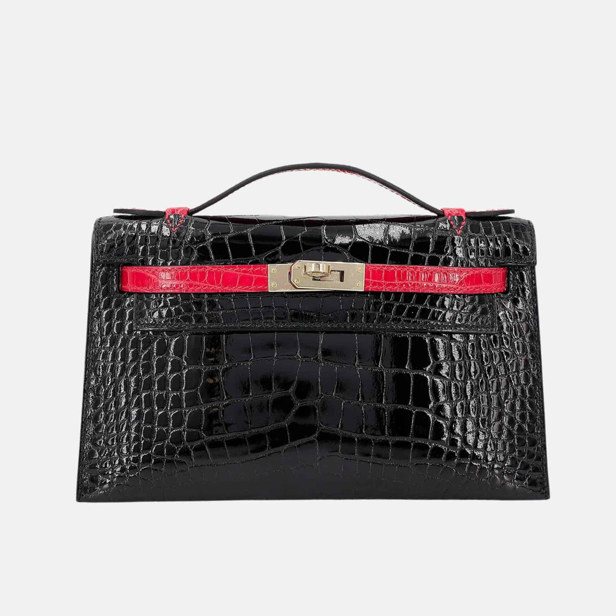 حقيبة Kelly Pochette HSS من تمساح Alligator بلون Black/Geranium مع حليات بلاديوم
