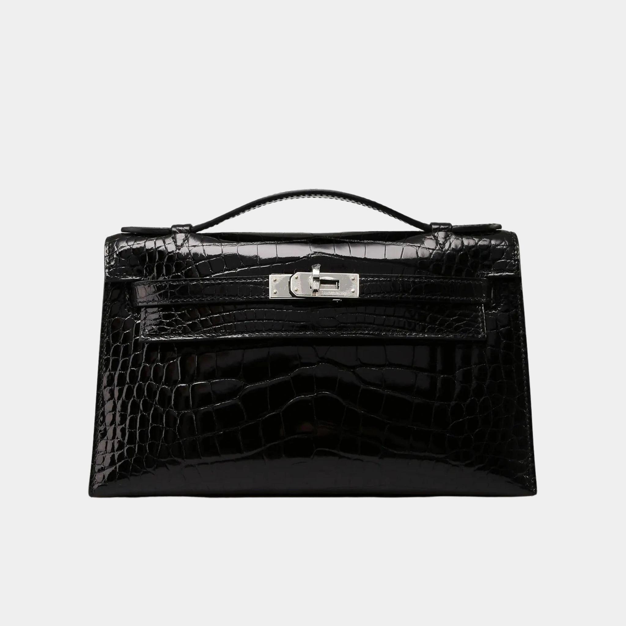 Hermes Kelly Pochette shinyAlligator Black PHW, Front