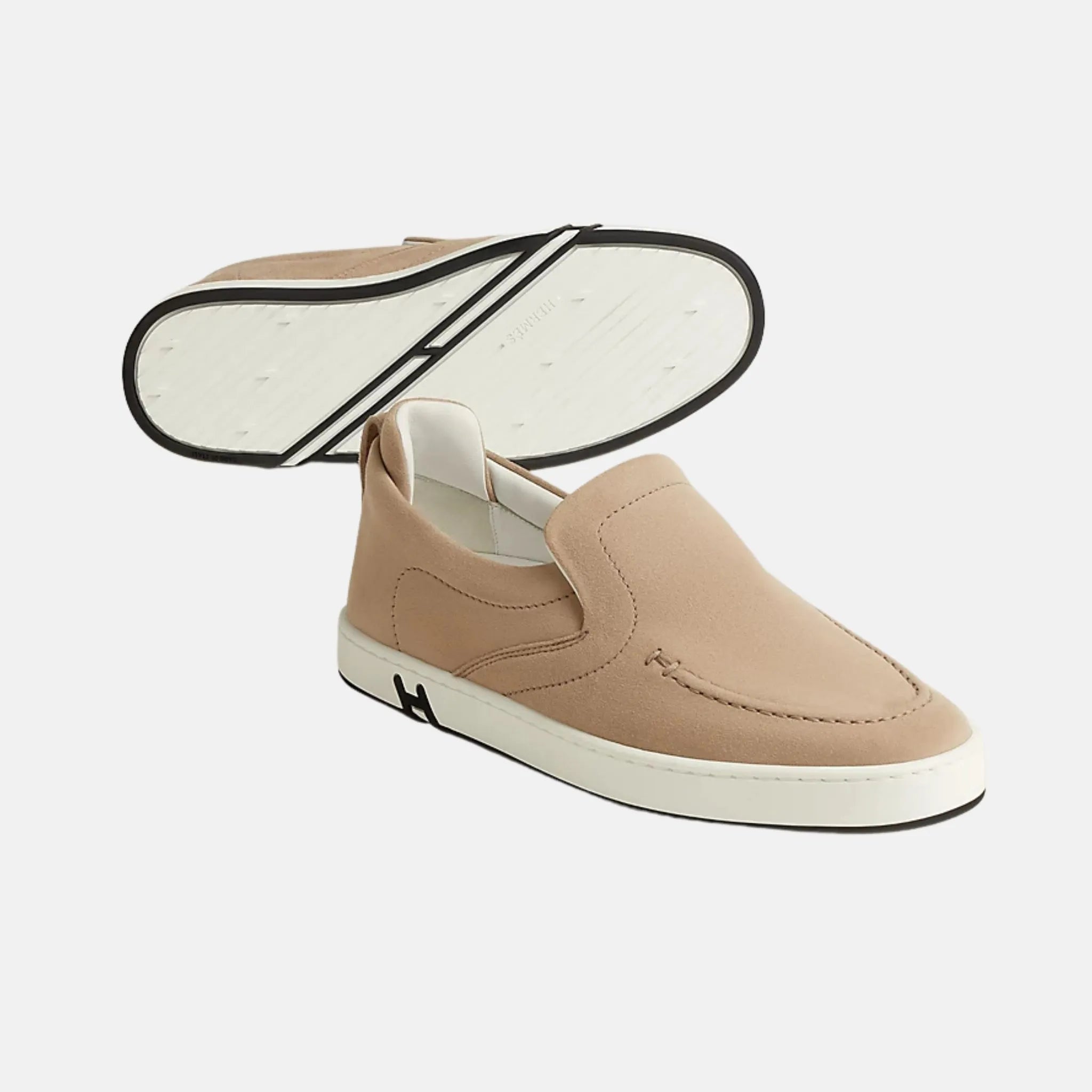 Hermes Kiddy Slip-On Sneaker Suede Goatskin Beige Camel , Side &amp; Bottom