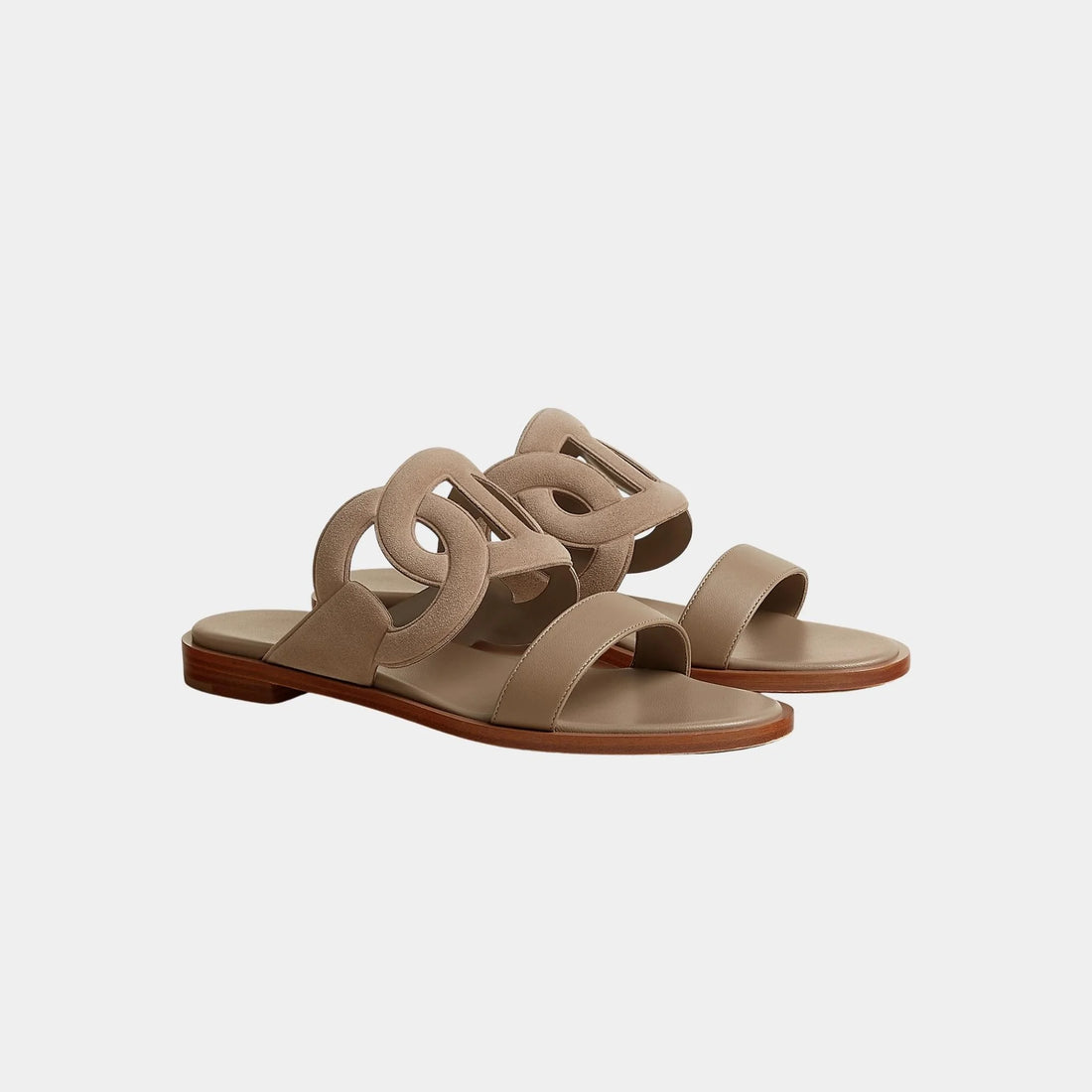 Hermes Lagune Sandals in Suede and Nappa Goatskin, Beige Sable, Front