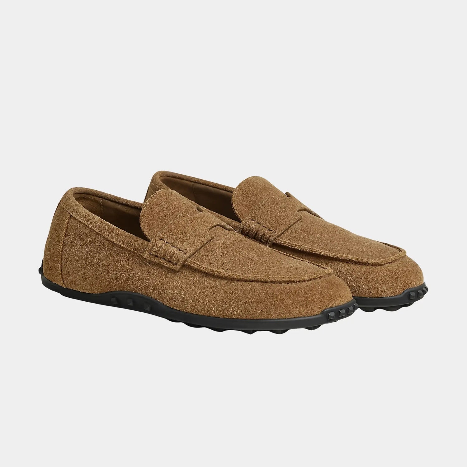 Hermes Lazy Loafers in Suede Calfskin, Brun Fume, Front