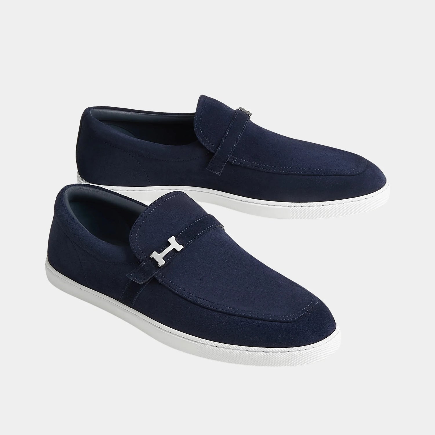 Hermes Like Loafers in Suede Calfskin, Marine, Front