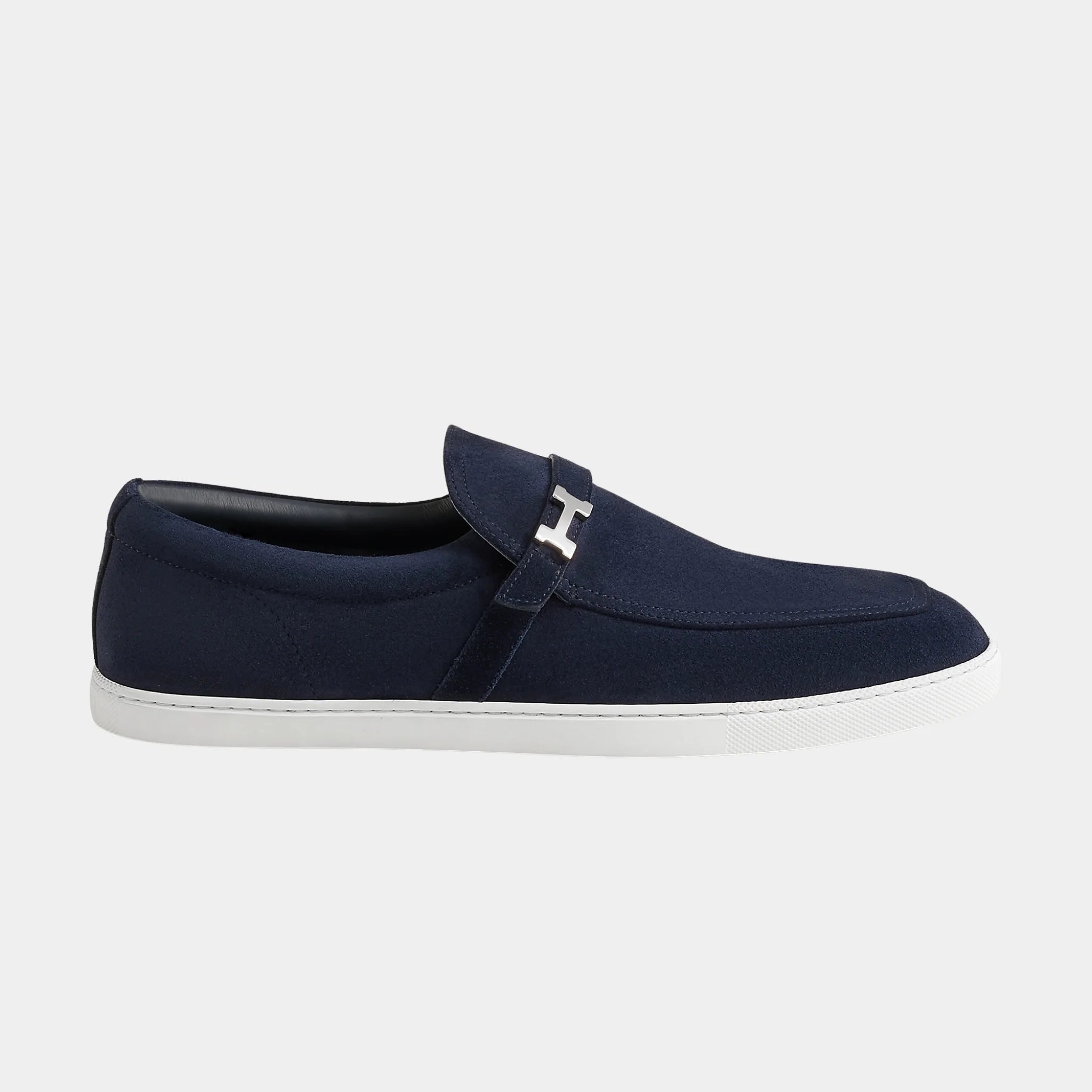 Hermes Like Loafers in Suede Calfskin, Marine, Side