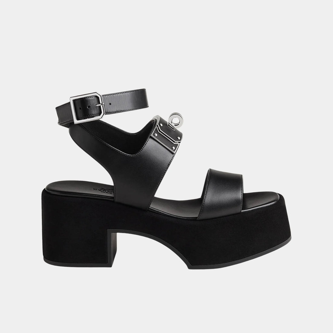 Hermes Lola 35 Heeled Sandals in Calfskin and Suede, Black, Side