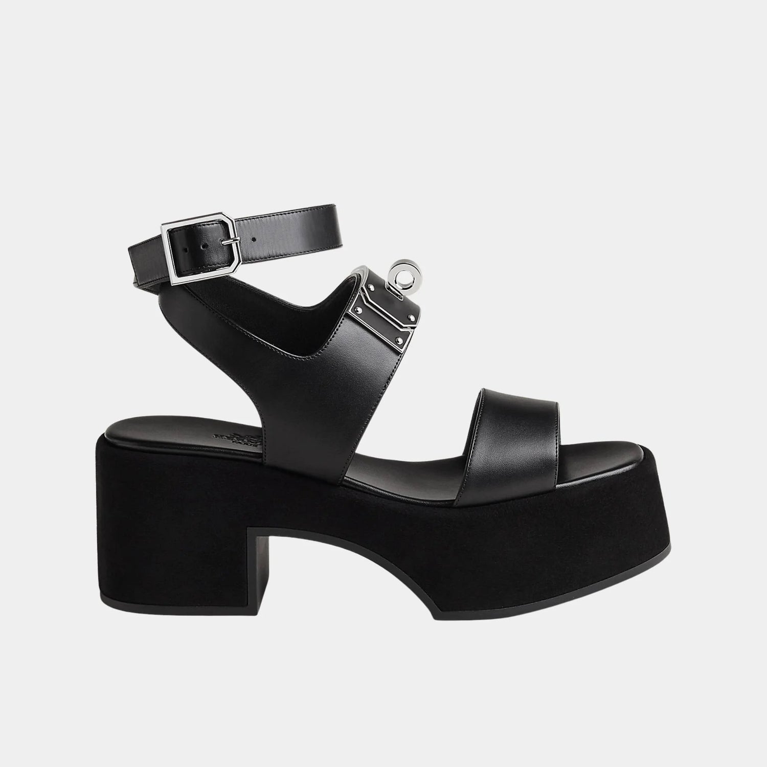 Hermes Lola 35 Heeled Sandals in Calfskin and Suede, Black, Side