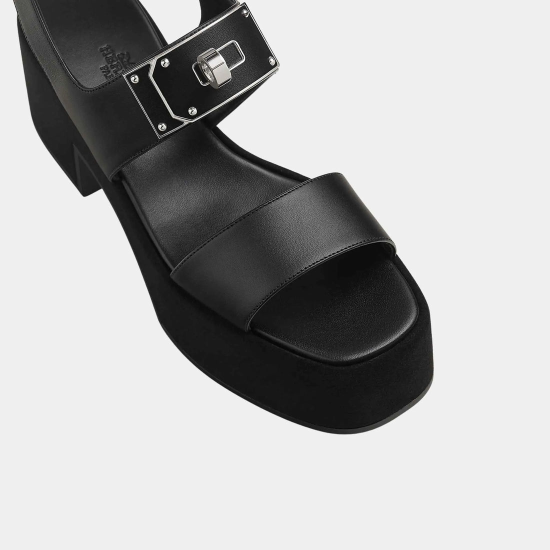 Hermes Lola 35 Heeled Sandals in Calfskin and Suede, Black, Top