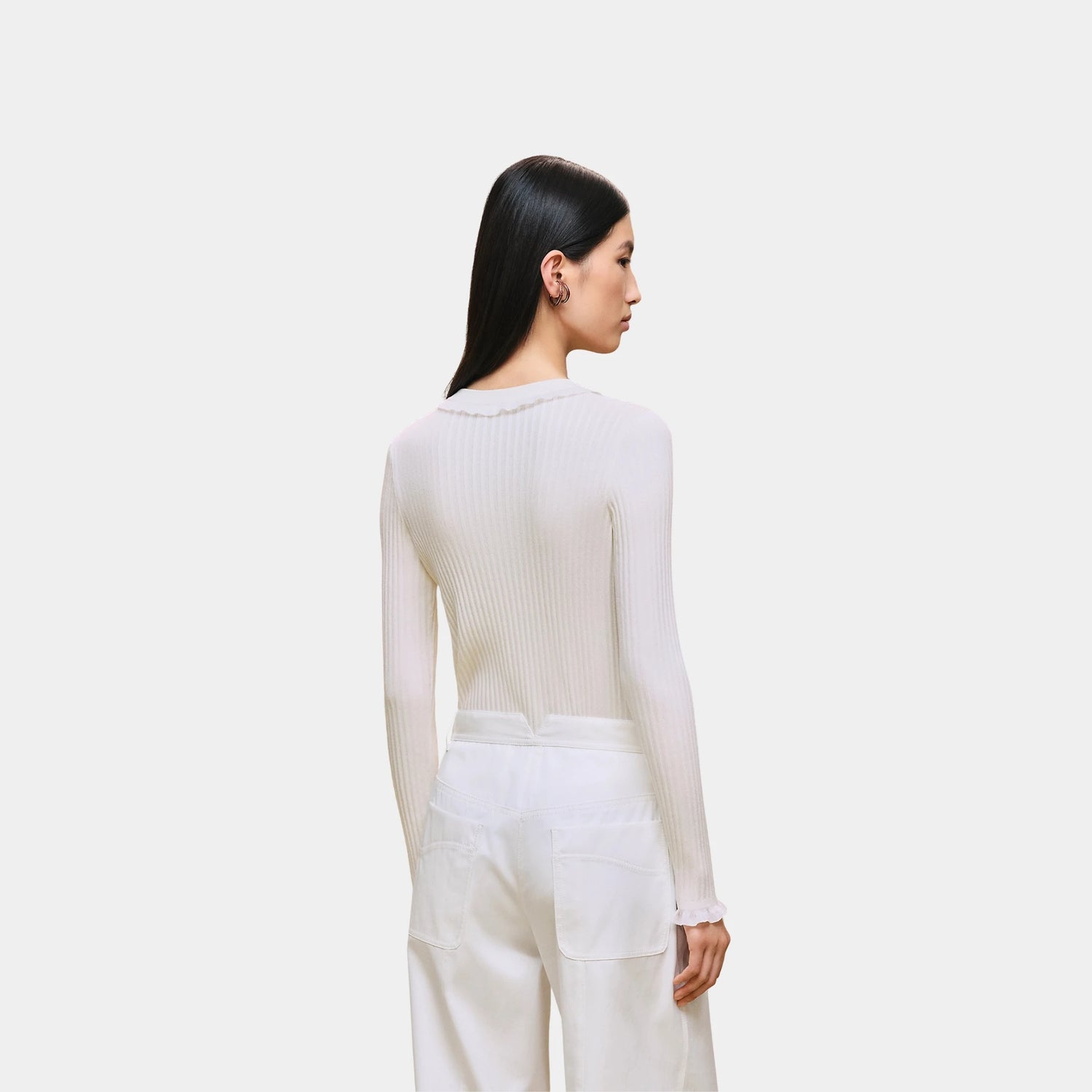 Hermes Long-sleeve Sweater in Silk and Cotton with Thin Cable Stitch, Blanc Naturel, Back