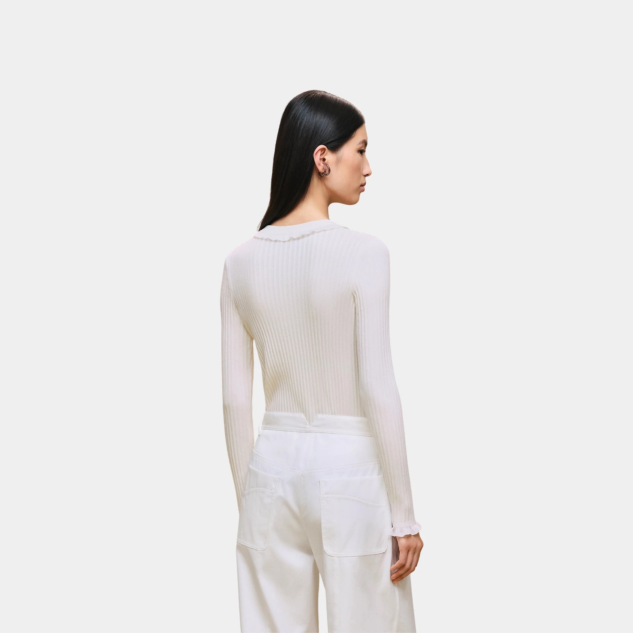 Hermes Long-sleeve Sweater in Silk and Cotton with Thin Cable Stitch, Blanc Naturel, Back