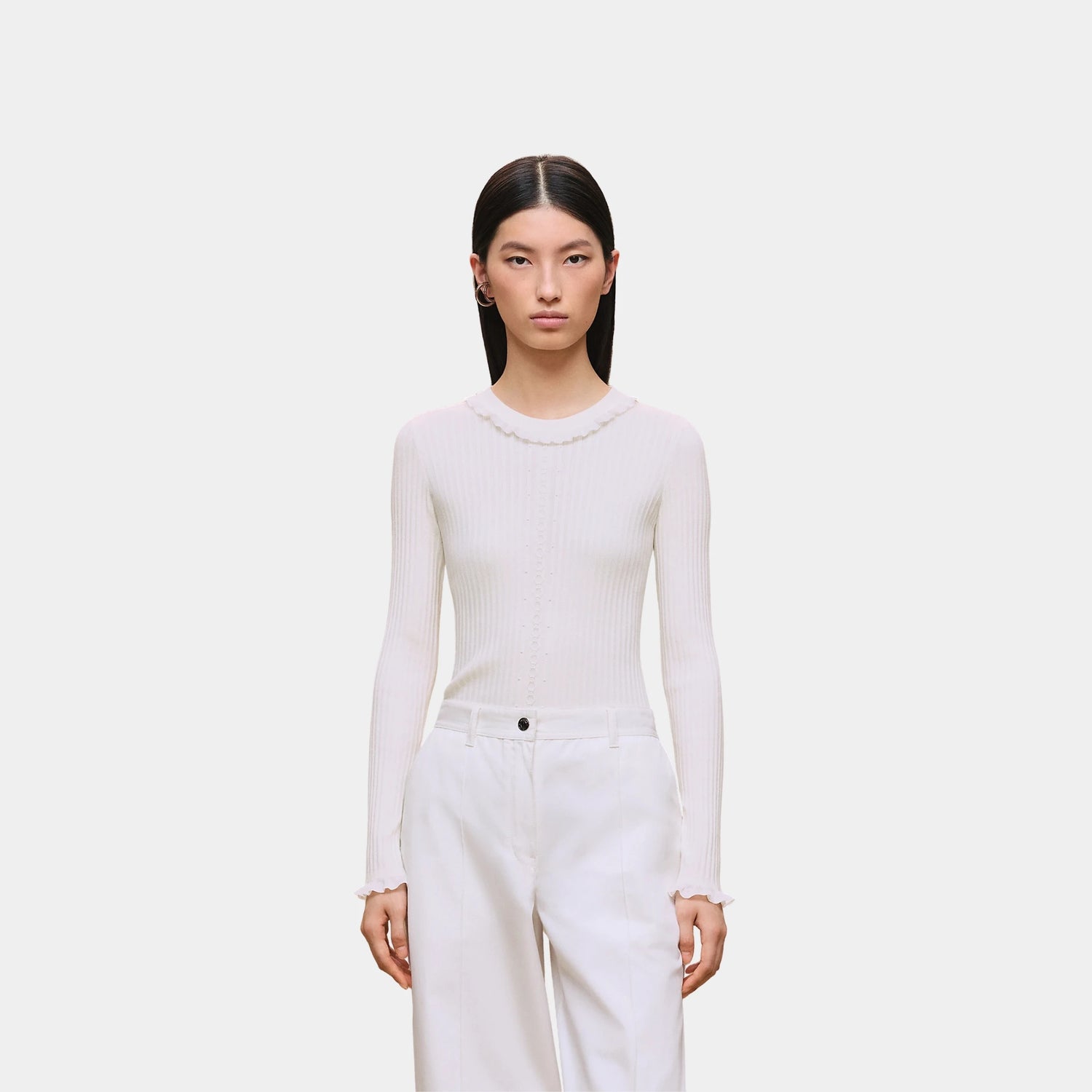 Hermes Long-sleeve Sweater in Silk and Cotton with Thin Cable Stitch, Blanc Naturel, Front