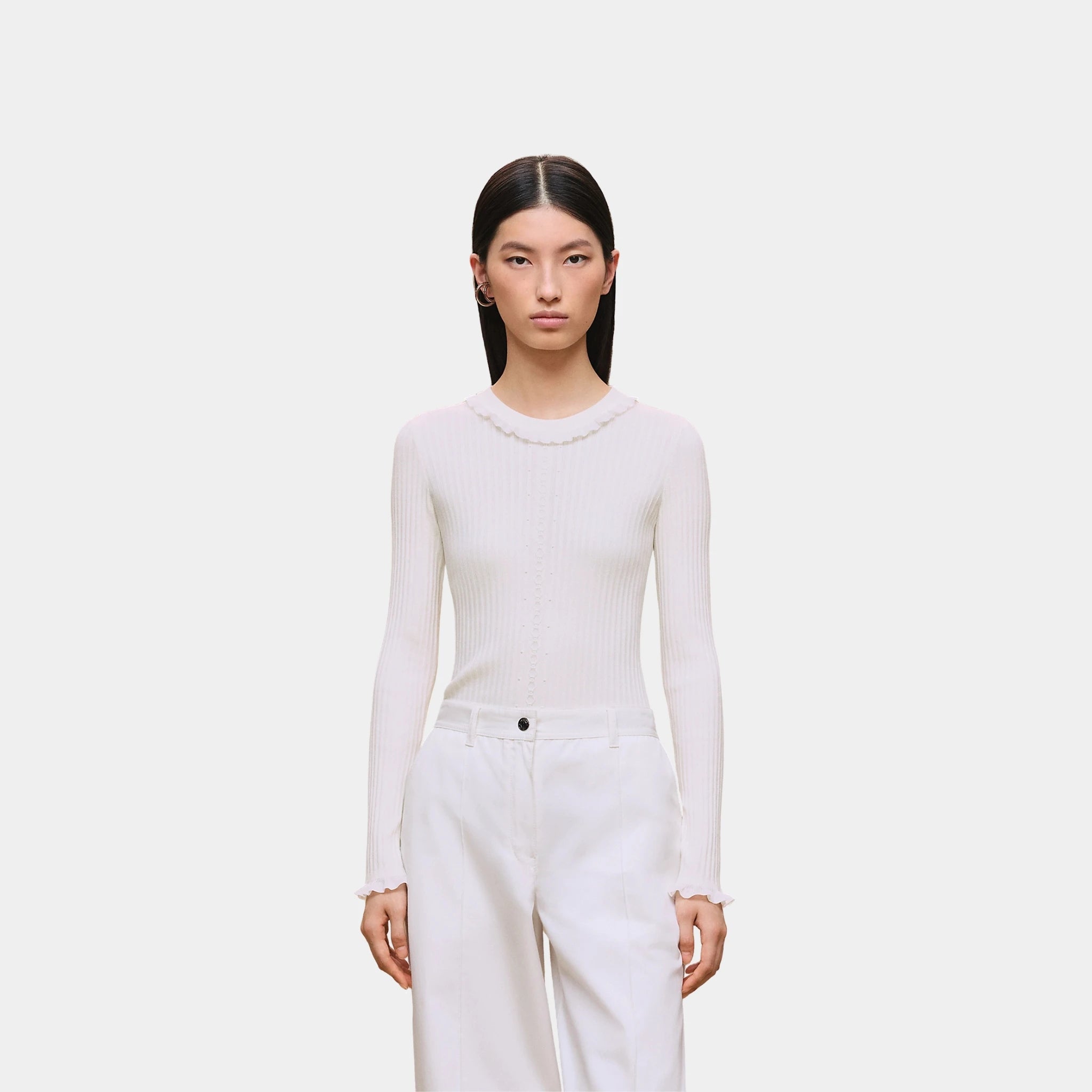 Hermes Long-sleeve Sweater in Silk and Cotton with Thin Cable Stitch, Blanc Naturel, Front