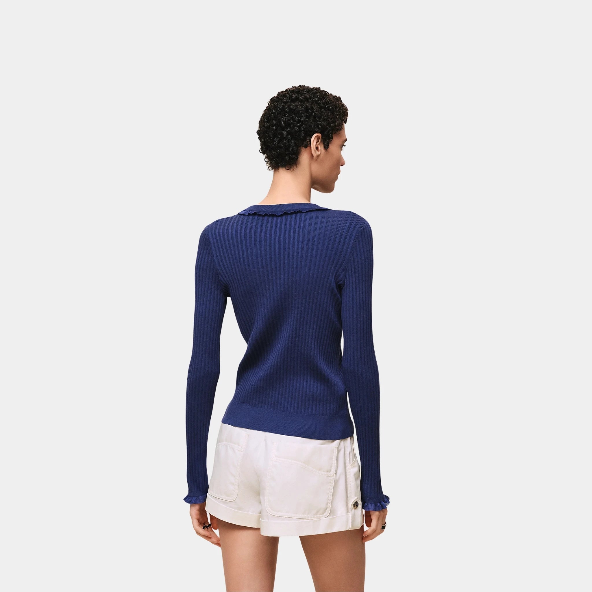 Hermes Long-sleeve Sweater in Silk and Cotton with Thin Cable Stitch, Bleu Lagune, Back