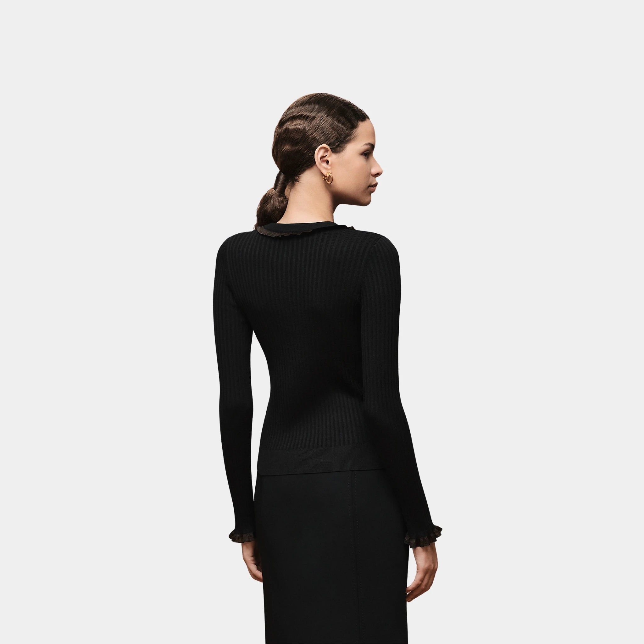 Hermes Long-sleeve Sweater in Silk and Cotton with Thin Cable Stitch, Noir, Back