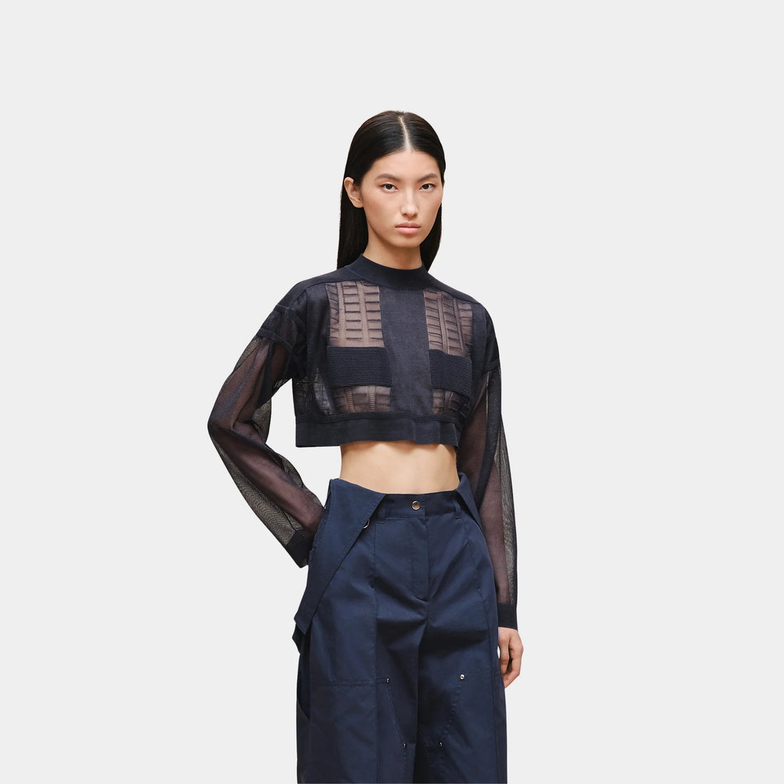 Hermes Long-sleeved Sweater in Lightweight Textured Knit, Bleu Noir, Front