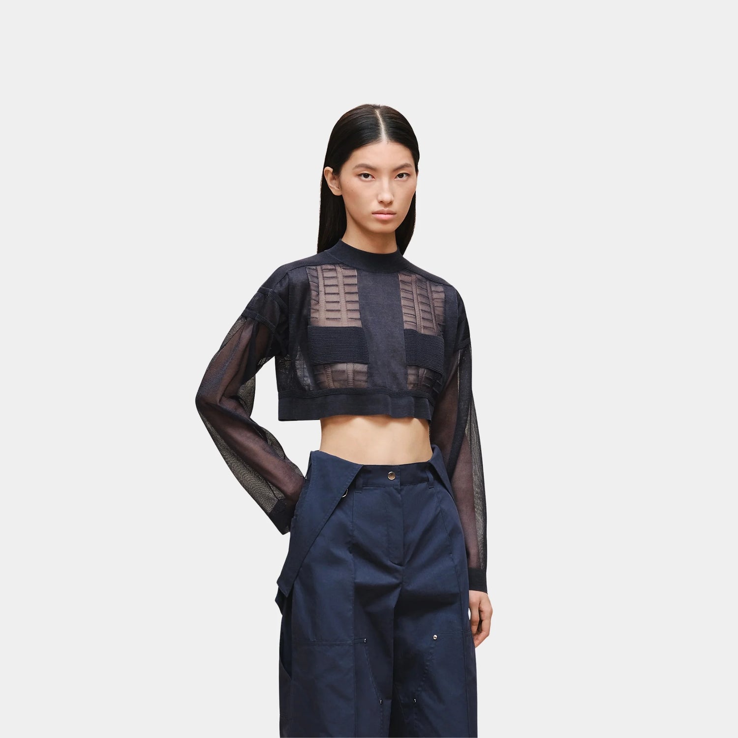 Hermes Long-sleeved Sweater in Lightweight Textured Knit, Bleu Noir, Front
