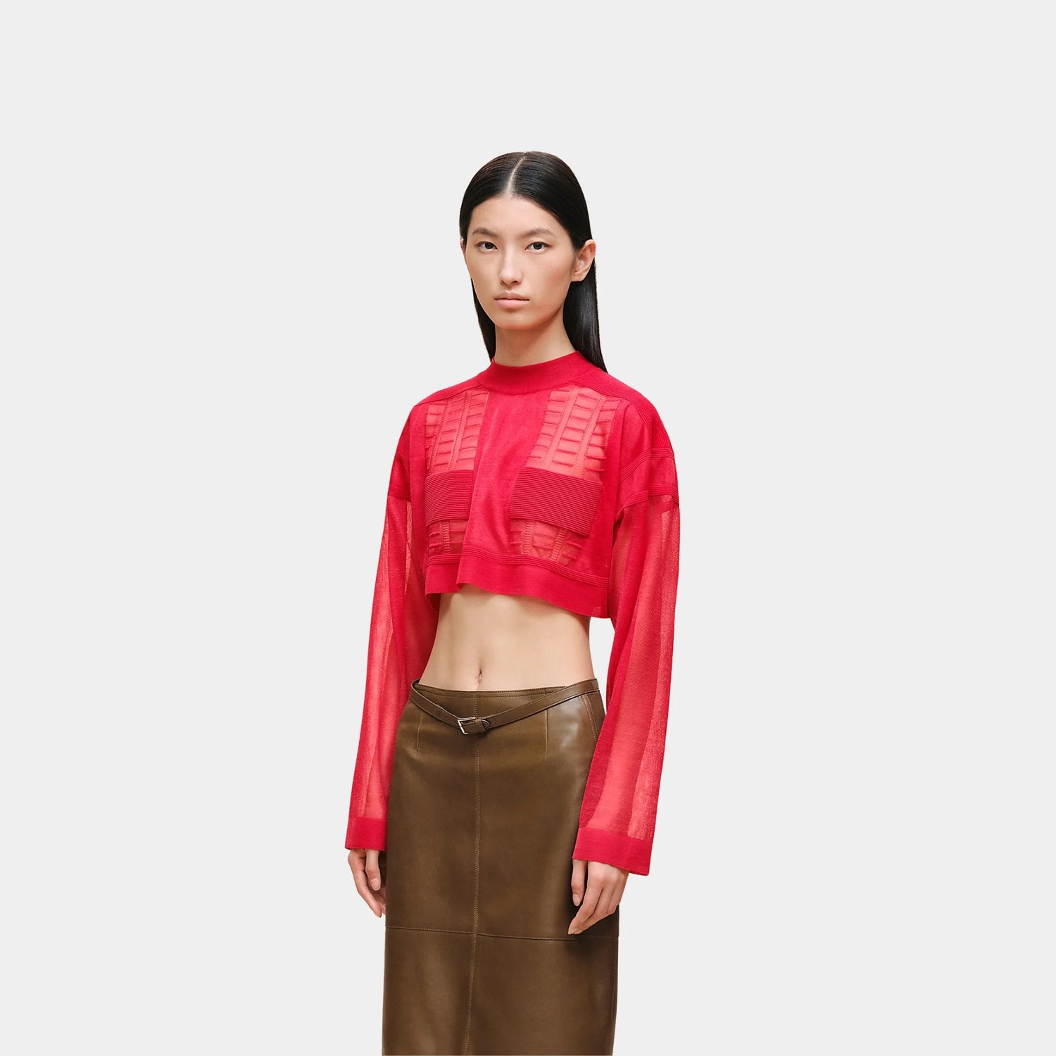 Hermes Long-sleeved Sweater in Lightweight Textured Knit, Rouge Amazone, Front