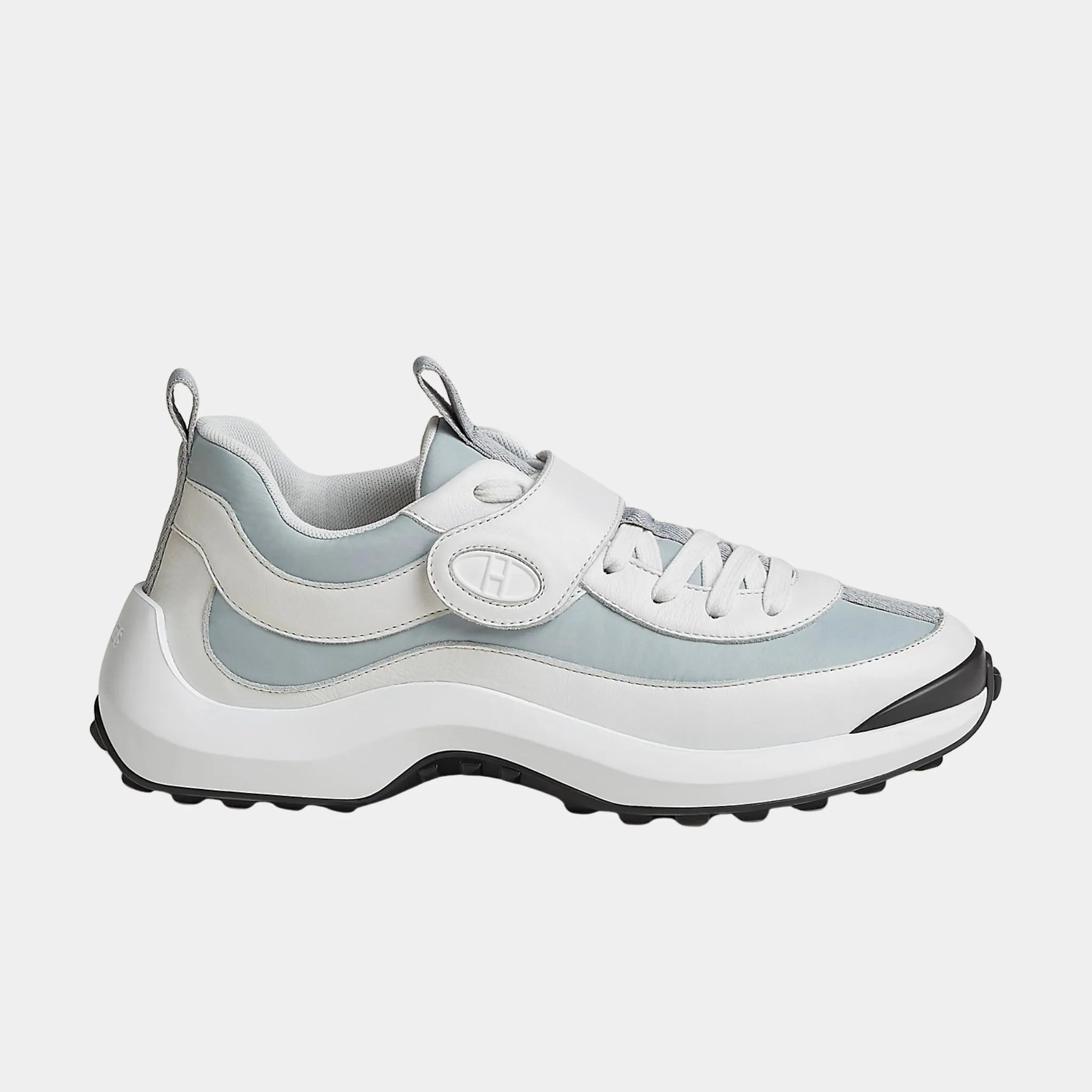 Hermes Loop Sneakers in Parachute Fabric and Calfskin, Bleu Mer, Side