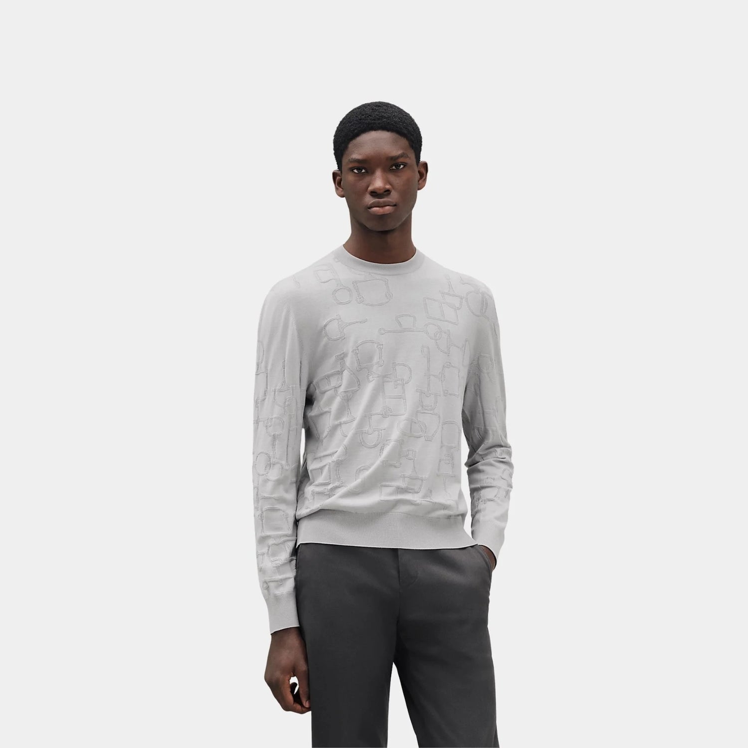 Hermes Méli-Mors Intégrale Round Neck Sweater, Gris Silex, Front