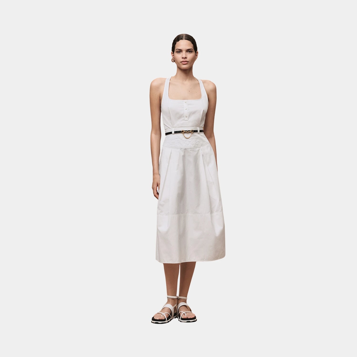 Hermes Mid-length Dress in Cotton Twill, Blanc, Front