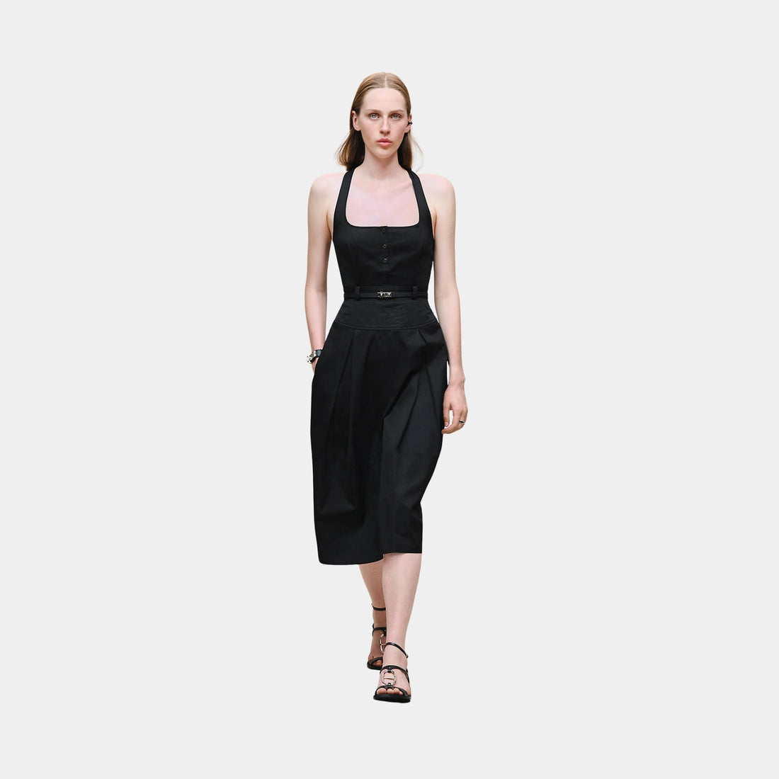Hermes Mid-length Dress in Cotton Twill, Noir, Front