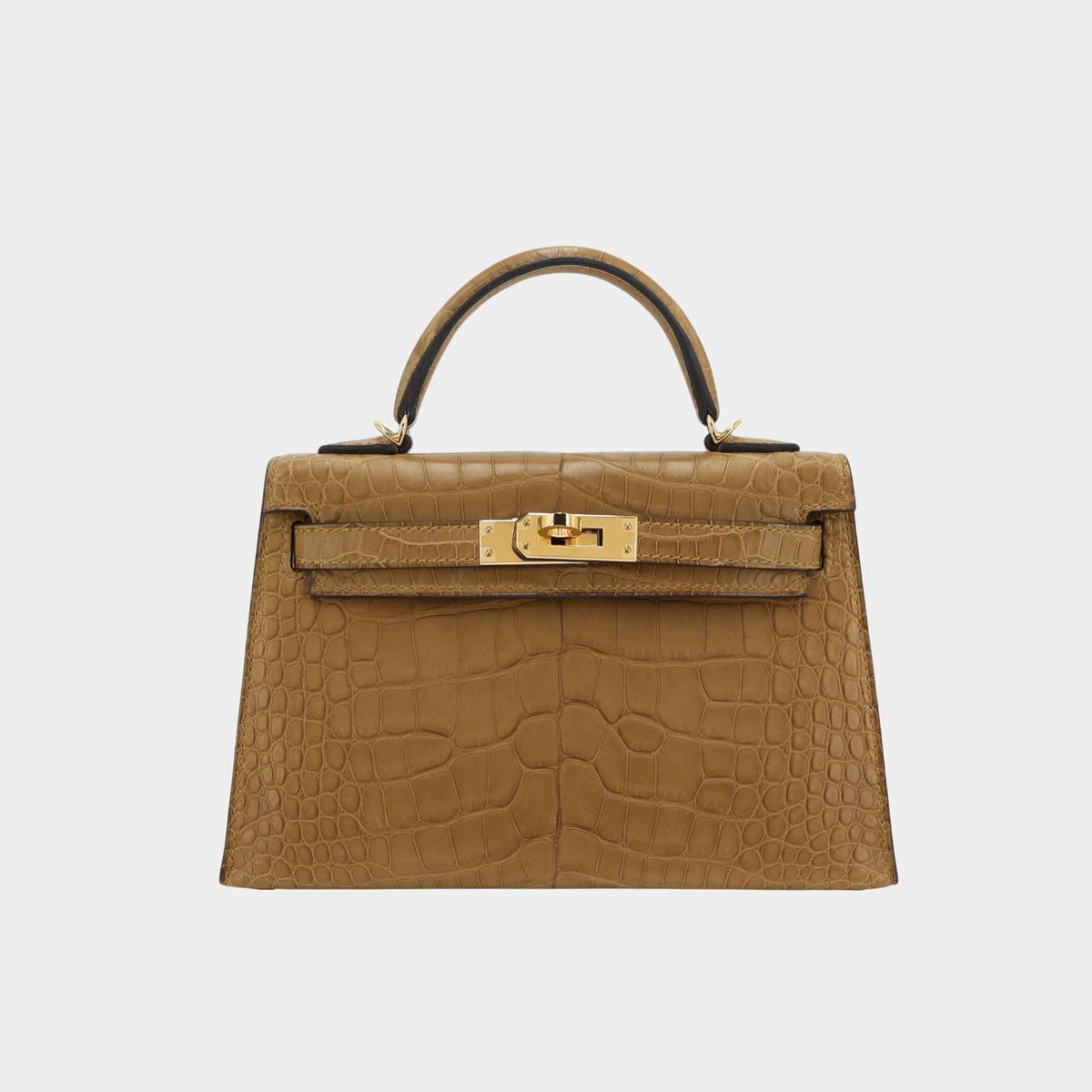 حقيبة Mini Kelly II من تمساح Alligator بلون Kraft مع حليات ذهبية