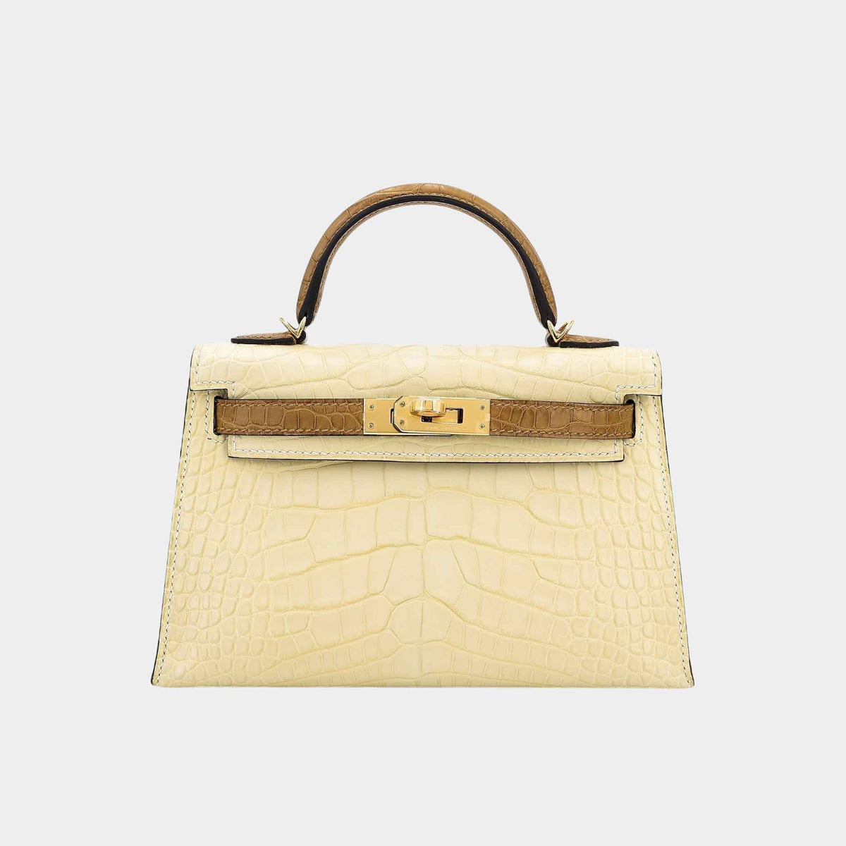 حقيبة Mini Kelly II HSS من تمساح مات Alligator بلون Vanille/Kraft مع حليات ذهبية