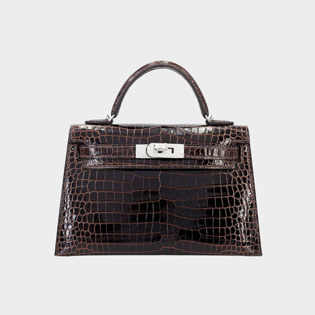 Mini Kelly II Shiny Porosus Crocodile Havane PHW