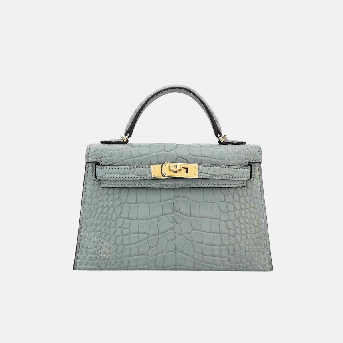 حقيبة Mini Kelly من تمساح مات Alligator بلون Gris Ciment مع حليات ذهبية