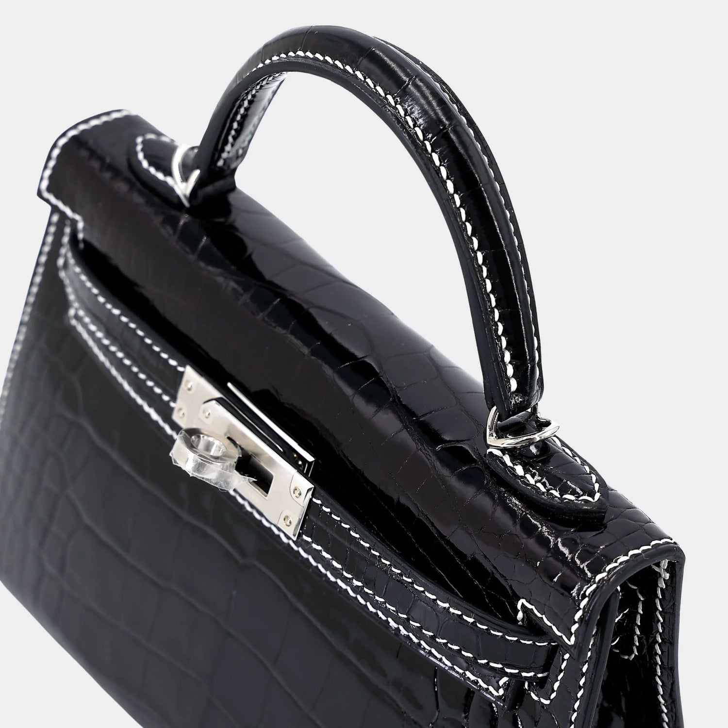 Mini Kelly II White Thread Shiny Alligator Black PHW