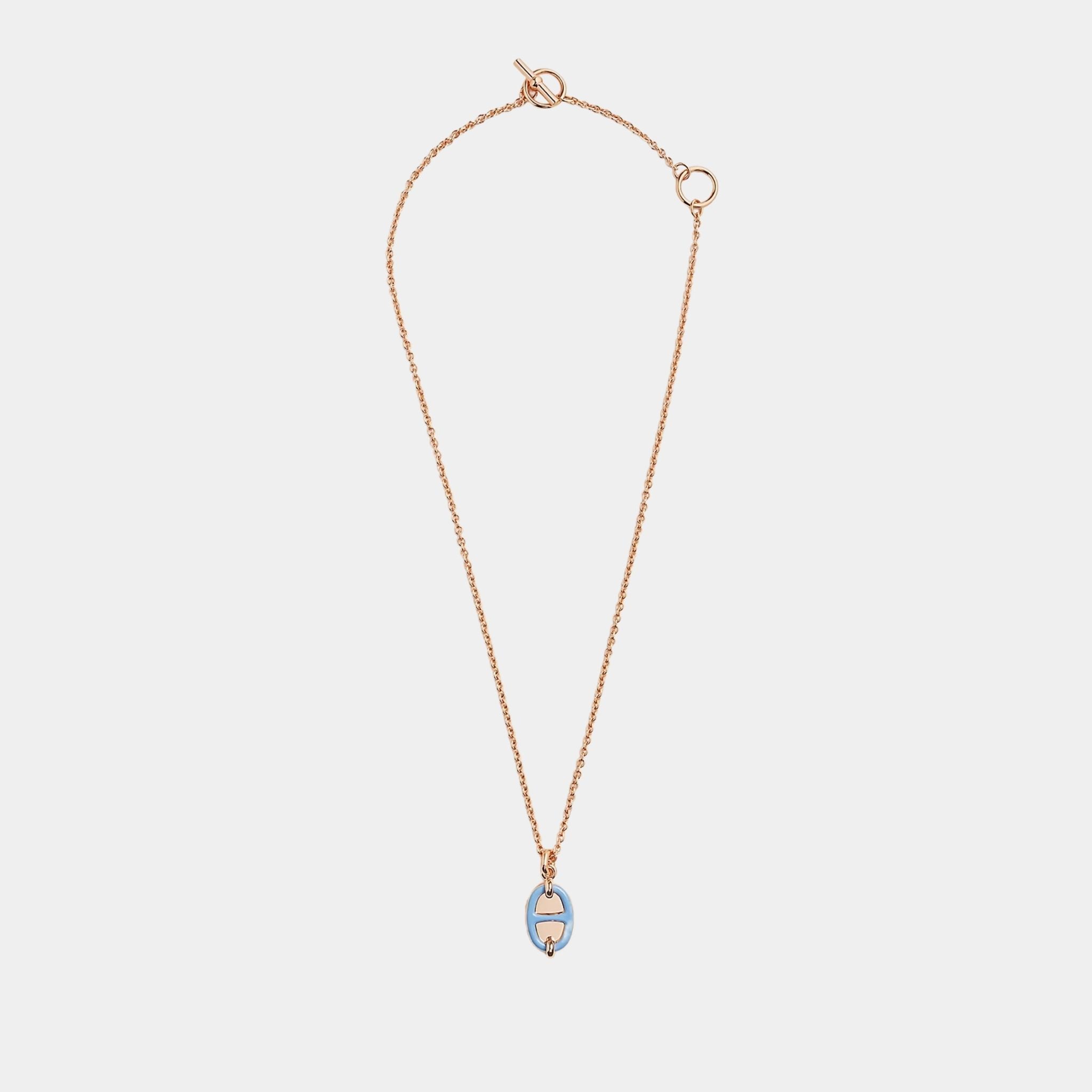 Hermes Mini Maillon Pendant Small Model Rose Gold Plated, Bleu De Lille, Front