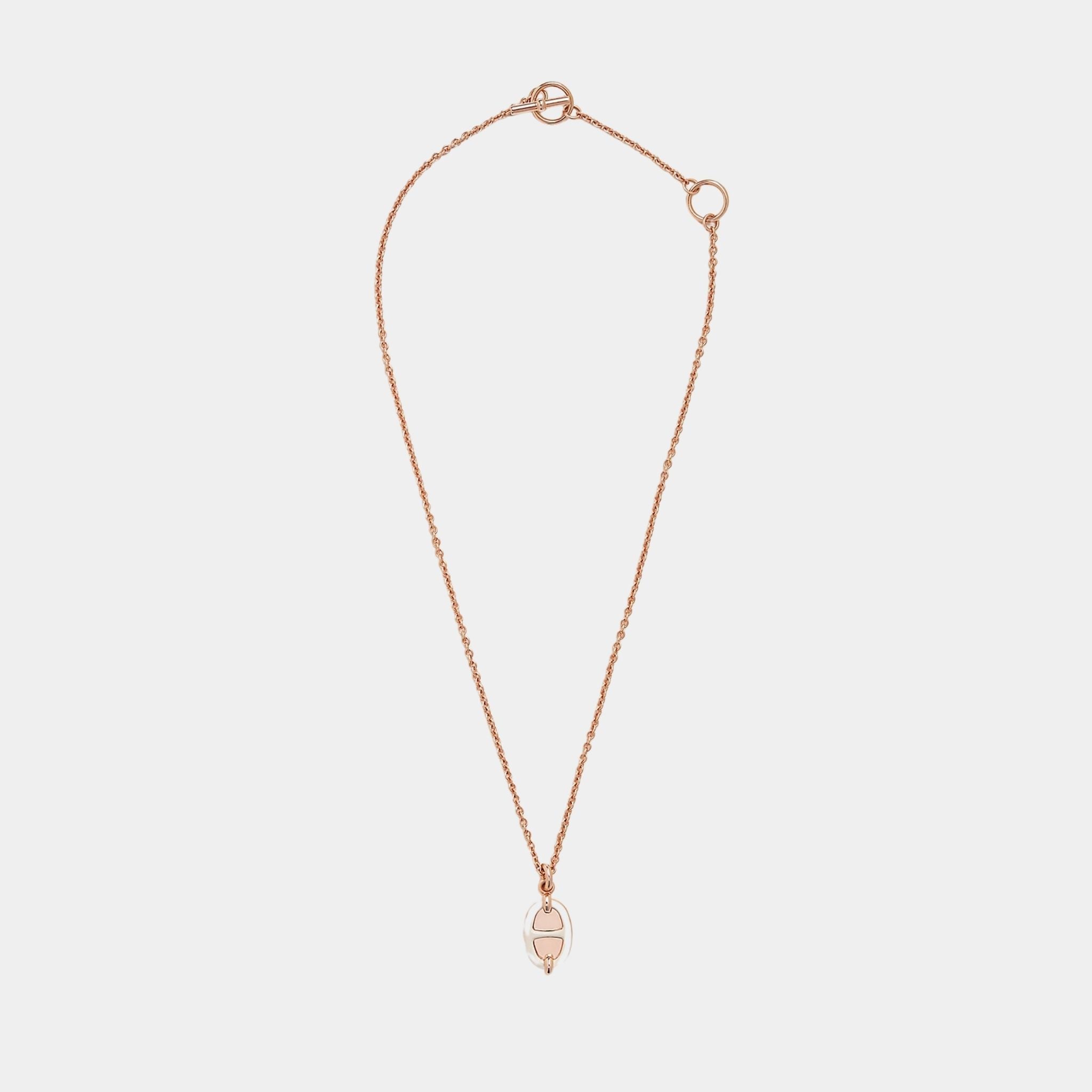 Hermes Mini Maillon Pendant Small Model Rose Gold Plated, Creme, Front