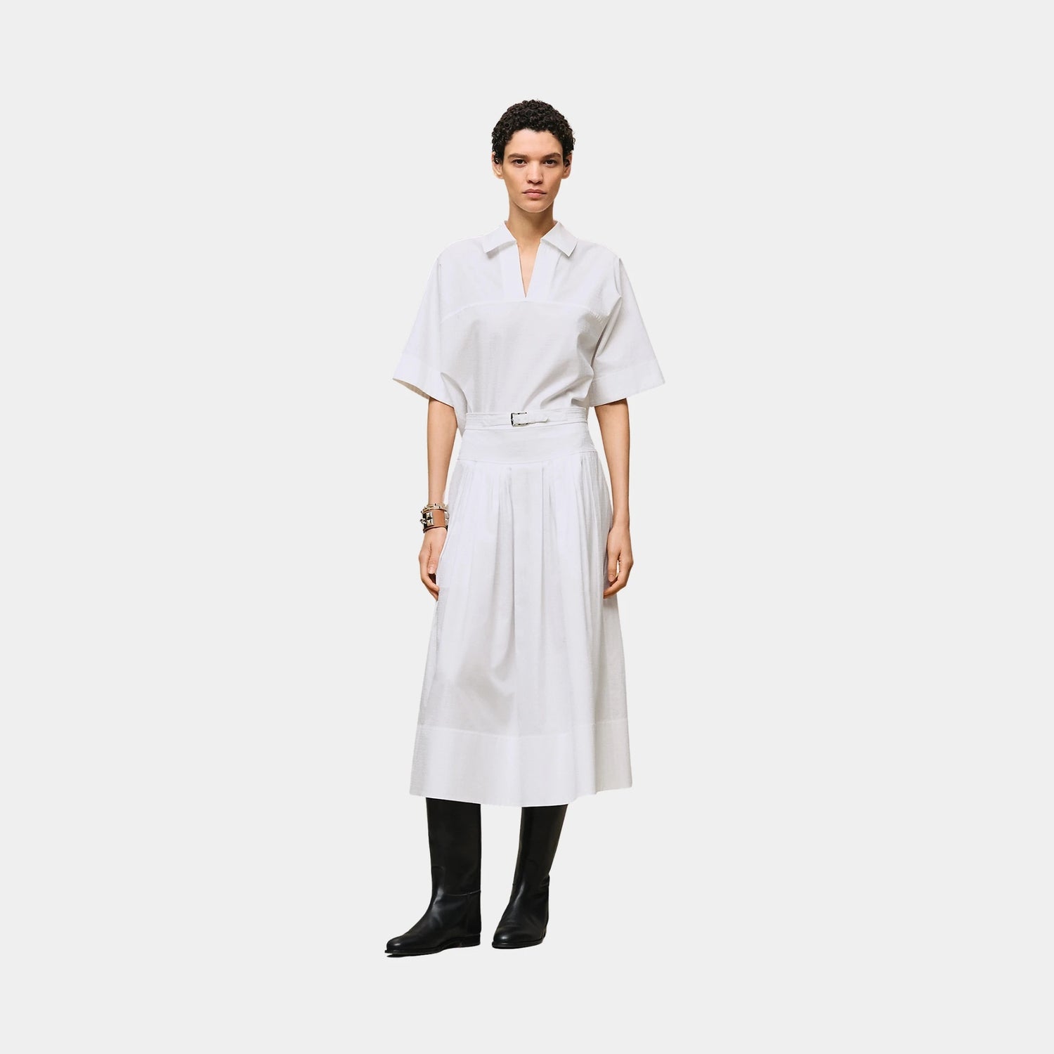 Hermes Mosaique Pleated Skirt with Basque, Blanc, Front