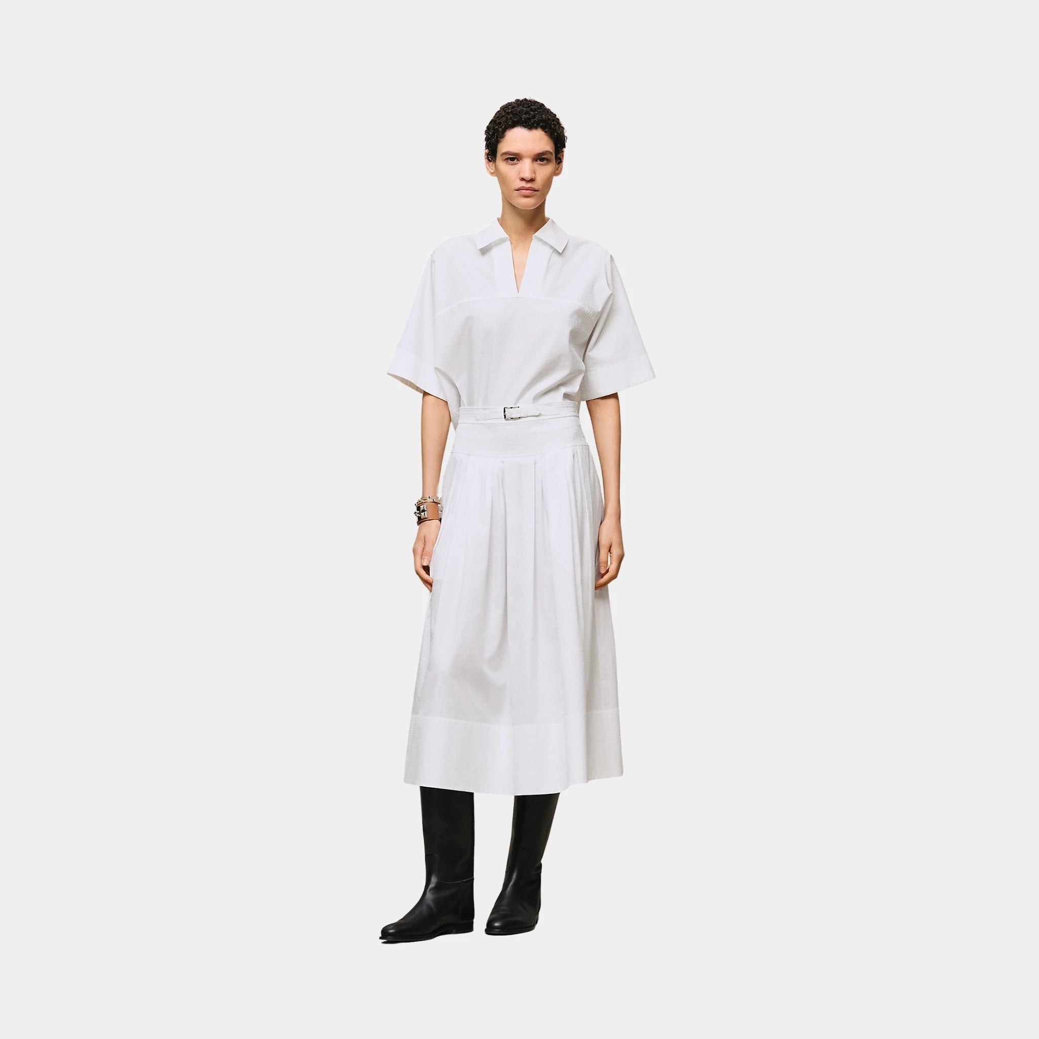 Hermes Mosaique Pleated Skirt with Basque, Blanc, Front