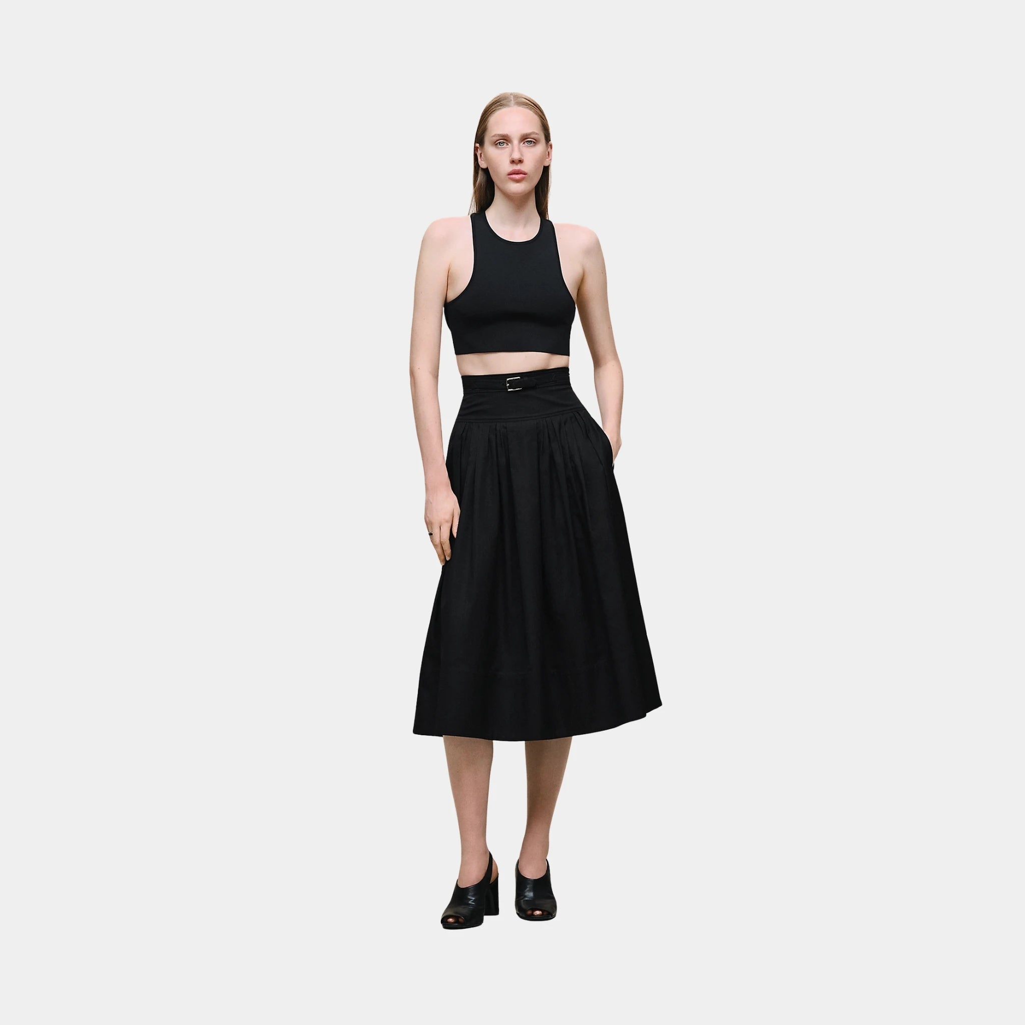 Hermes Mosaique Pleated Skirt with Basque, Noir, Front