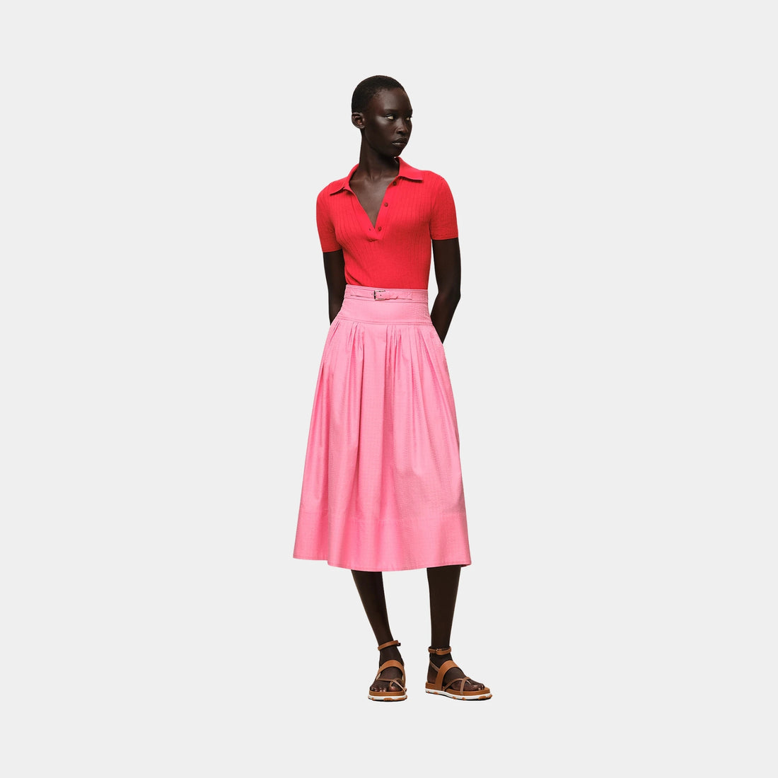 Hermes Mosaique Pleated Skirt with Basque, Rose Bonbon, Front