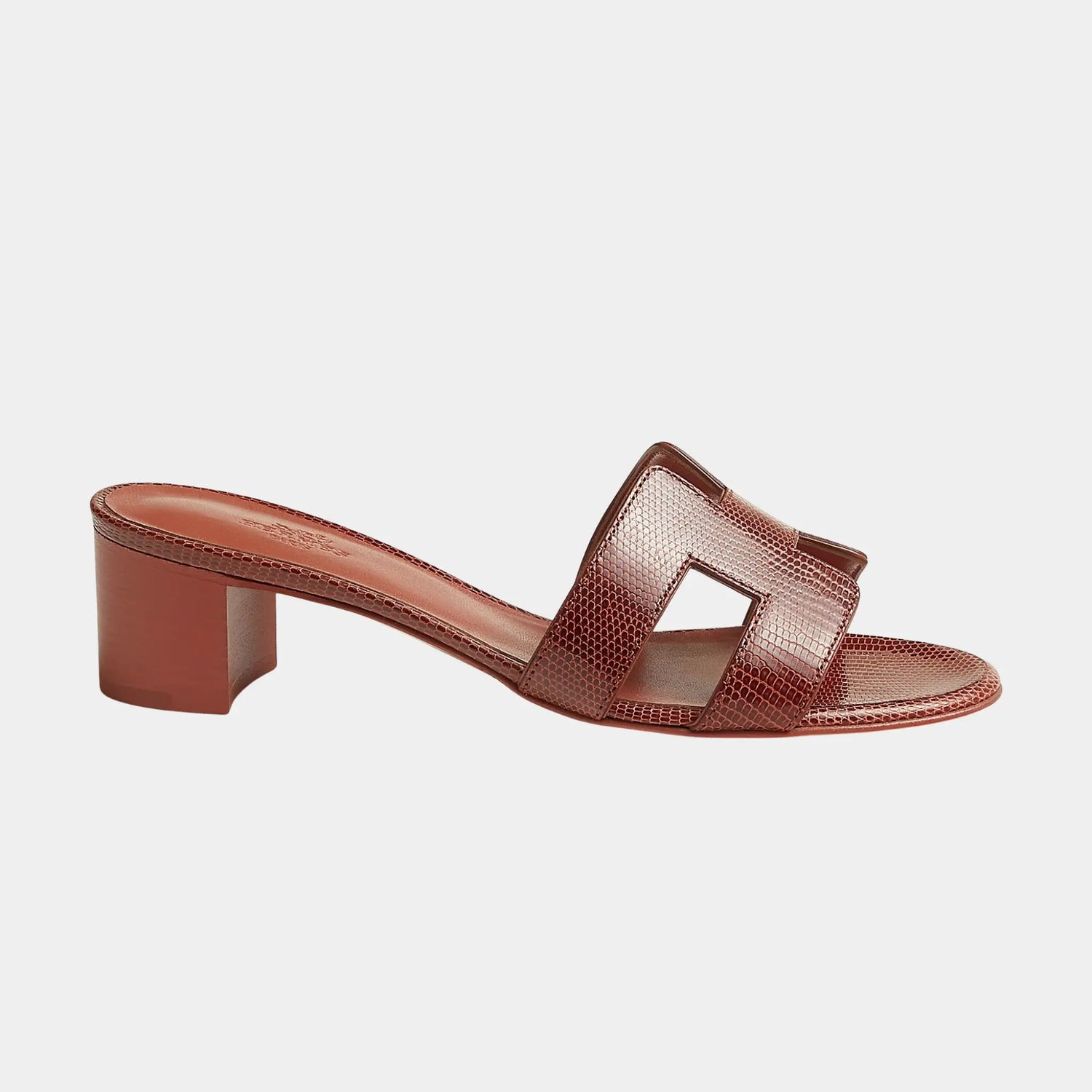 Hermes Oasis Sandal in Shiny Java Lizard, Orange Canyon, Side