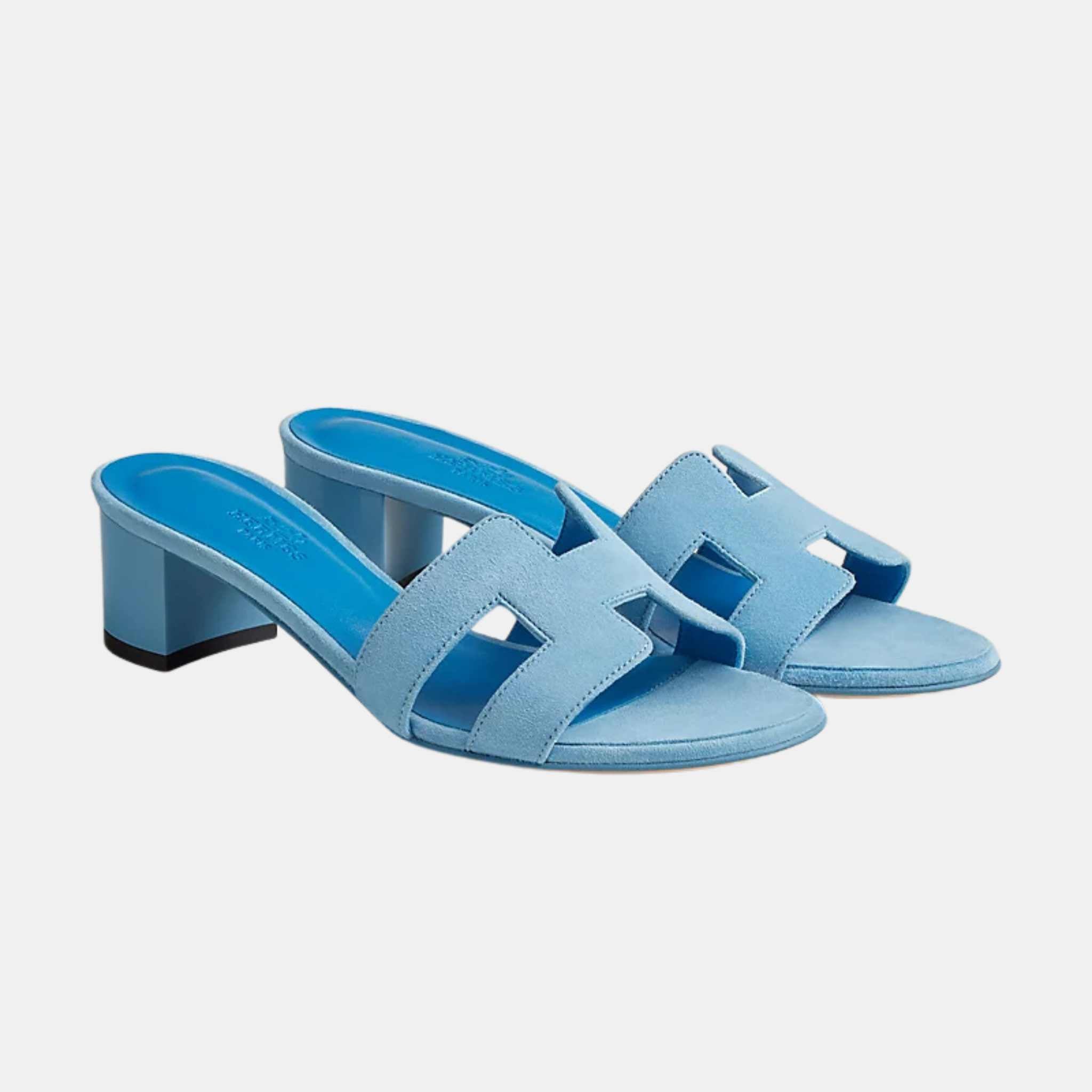 Hermes Oasis Sandal Suede, Bleu Cameo, Front