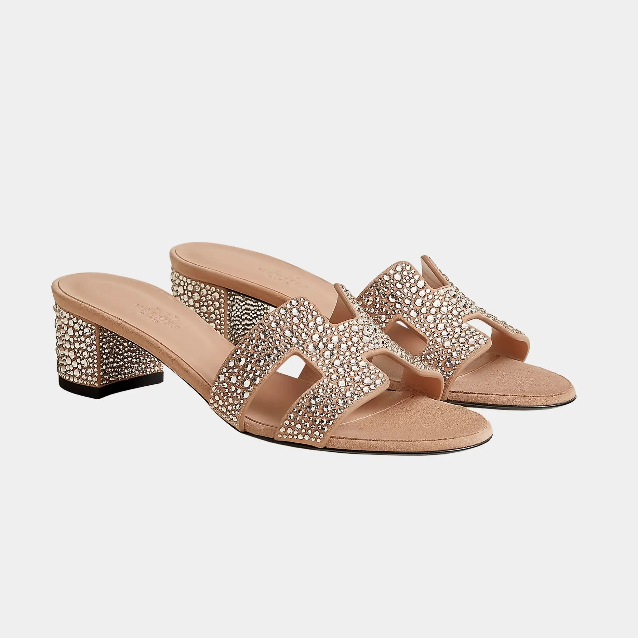 Hermes Oasis Sandals Black With Rhinestones, Beige Perlino, Front