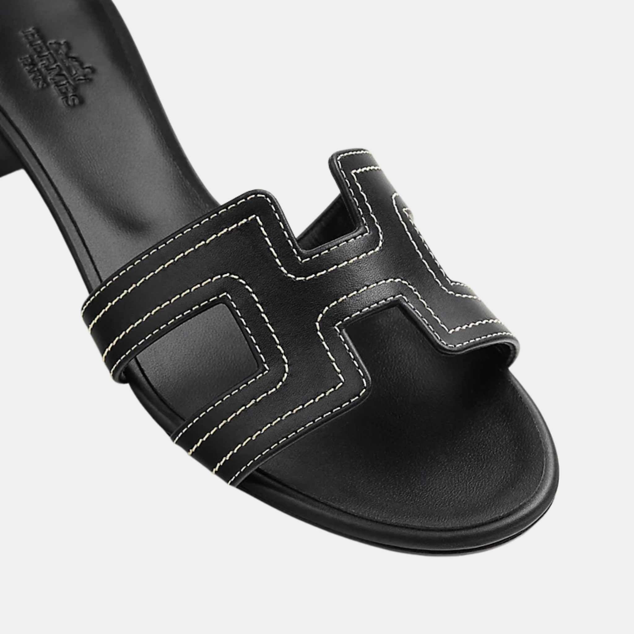 Hermes Oasis Sandals Embroidered Calfskin, Front, Black