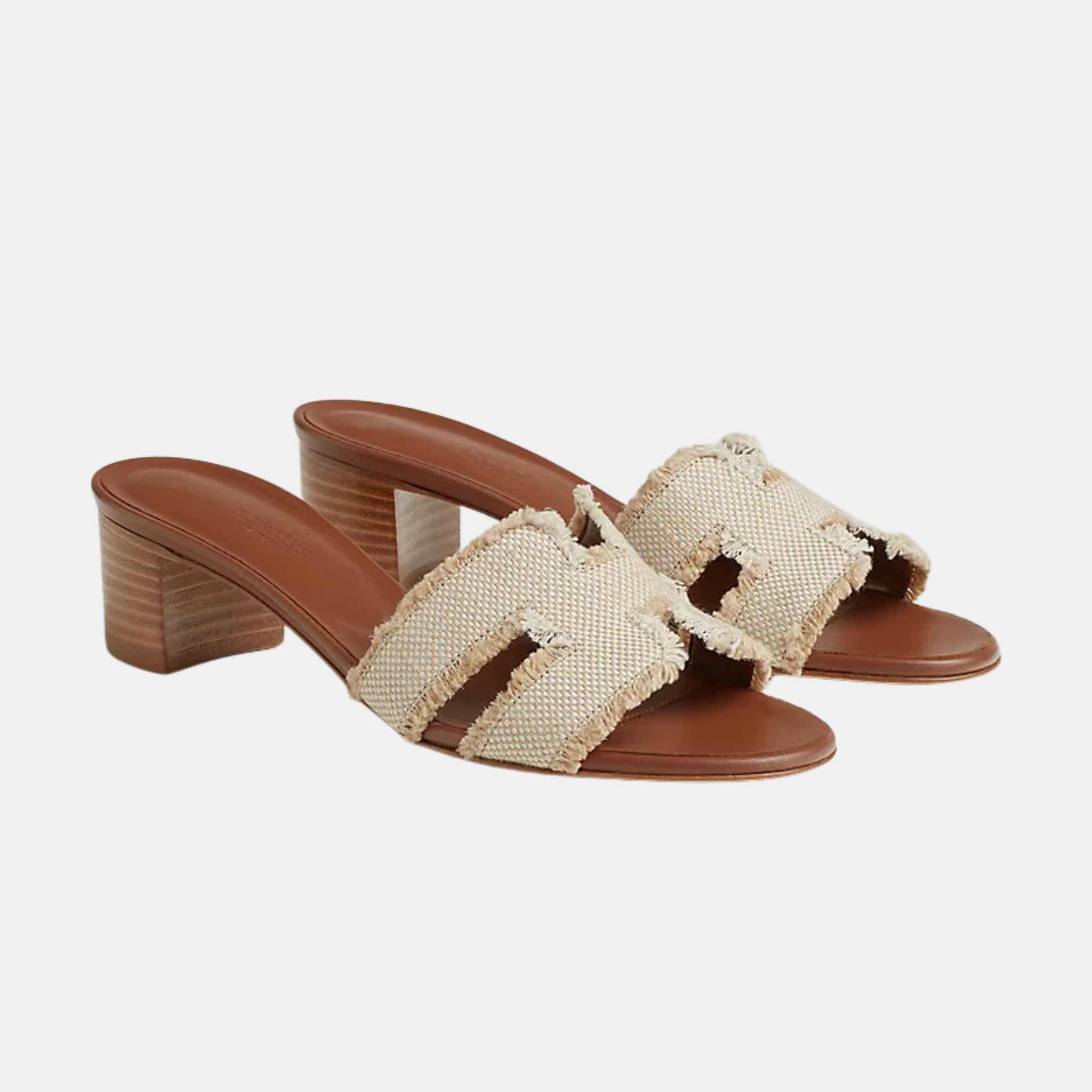 Hermes Oasis Sandals Fringed Linen Canvas, Beige, Front