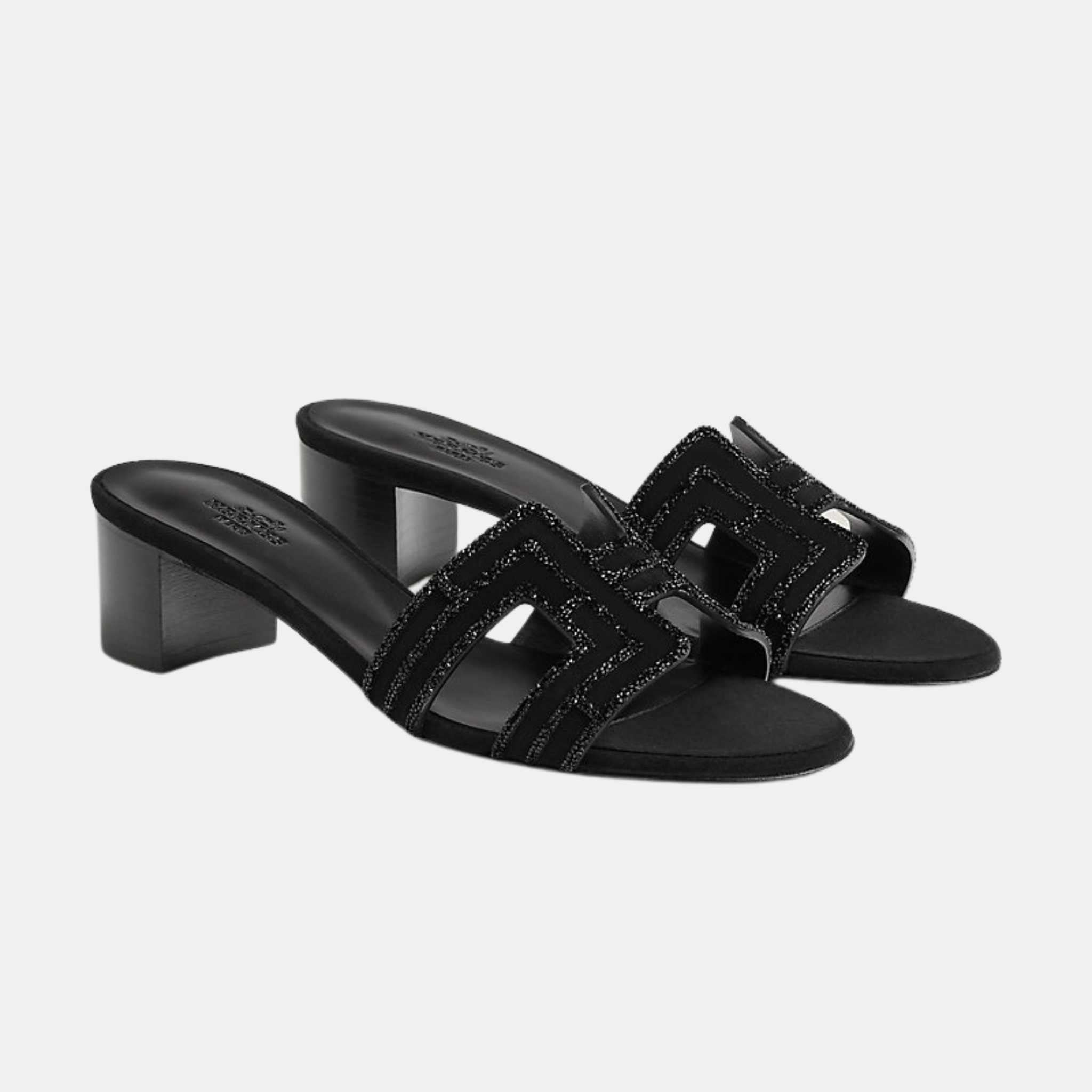 Hermes Oasis Sandals Suede Arcane Rhinestone, Black, Front