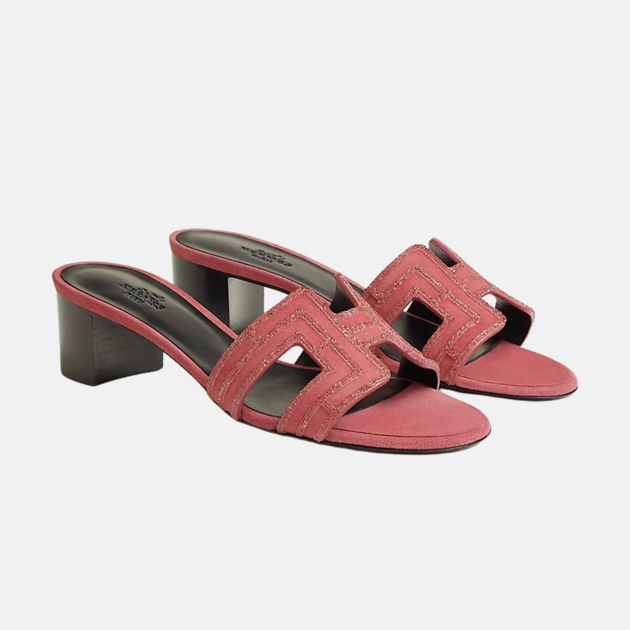 Hermes Oasis Sandals Suede Arcane Rhinestone, Rose Amarante, Front