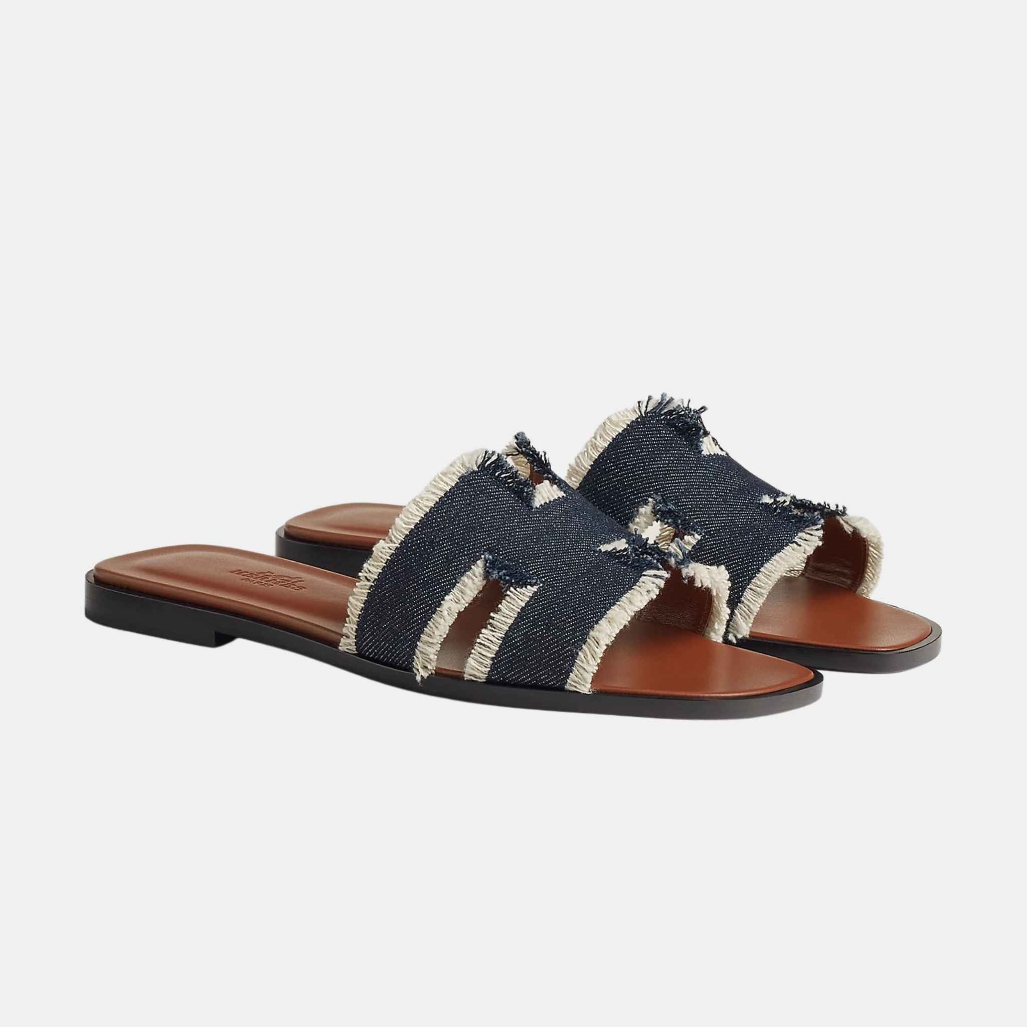 Hermes Oran Sandal Fringed Denim, Bleu Brut, Front View