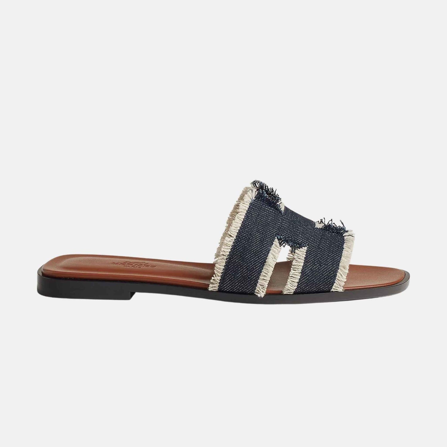 Hermes Oran Sandal Fringed Denim, Bleu Brut, Side View