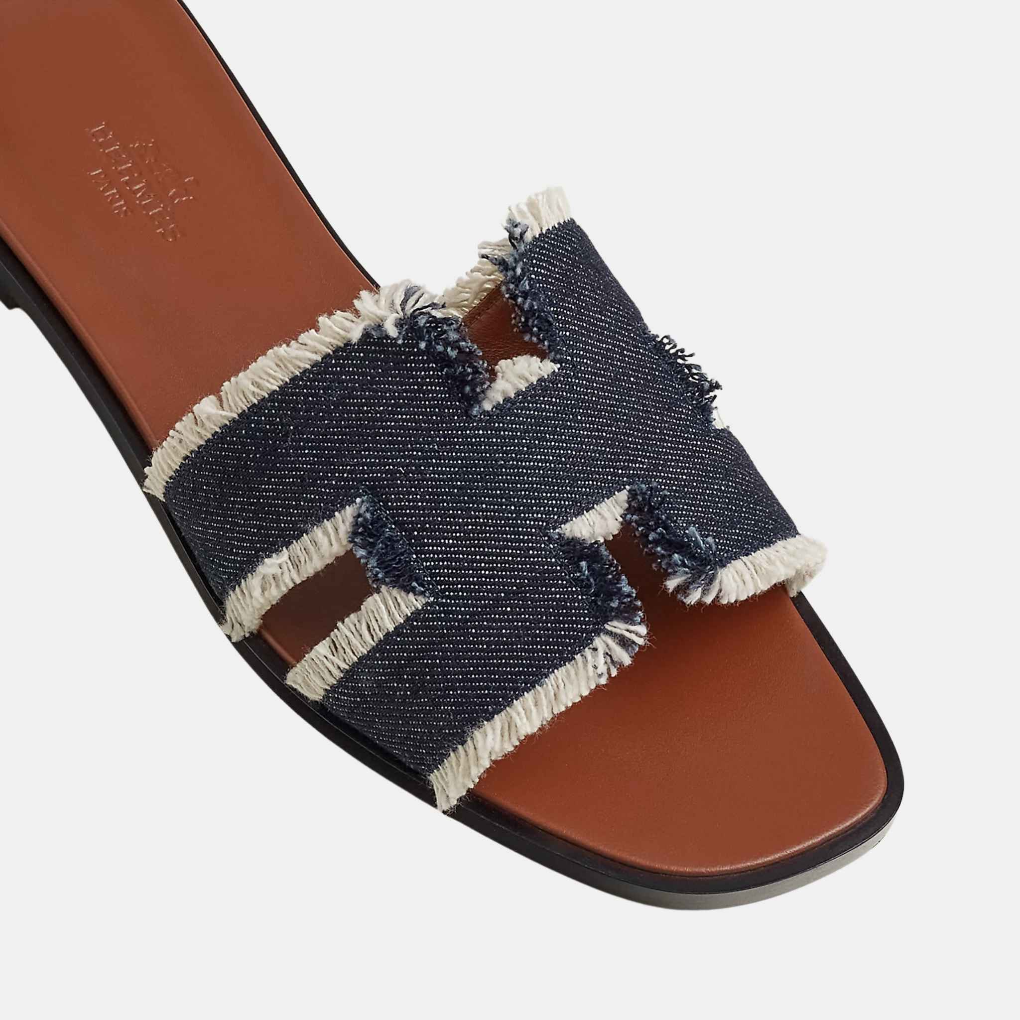 Hermes Oran Sandal Fringed Denim, Bleu Brut, Top View