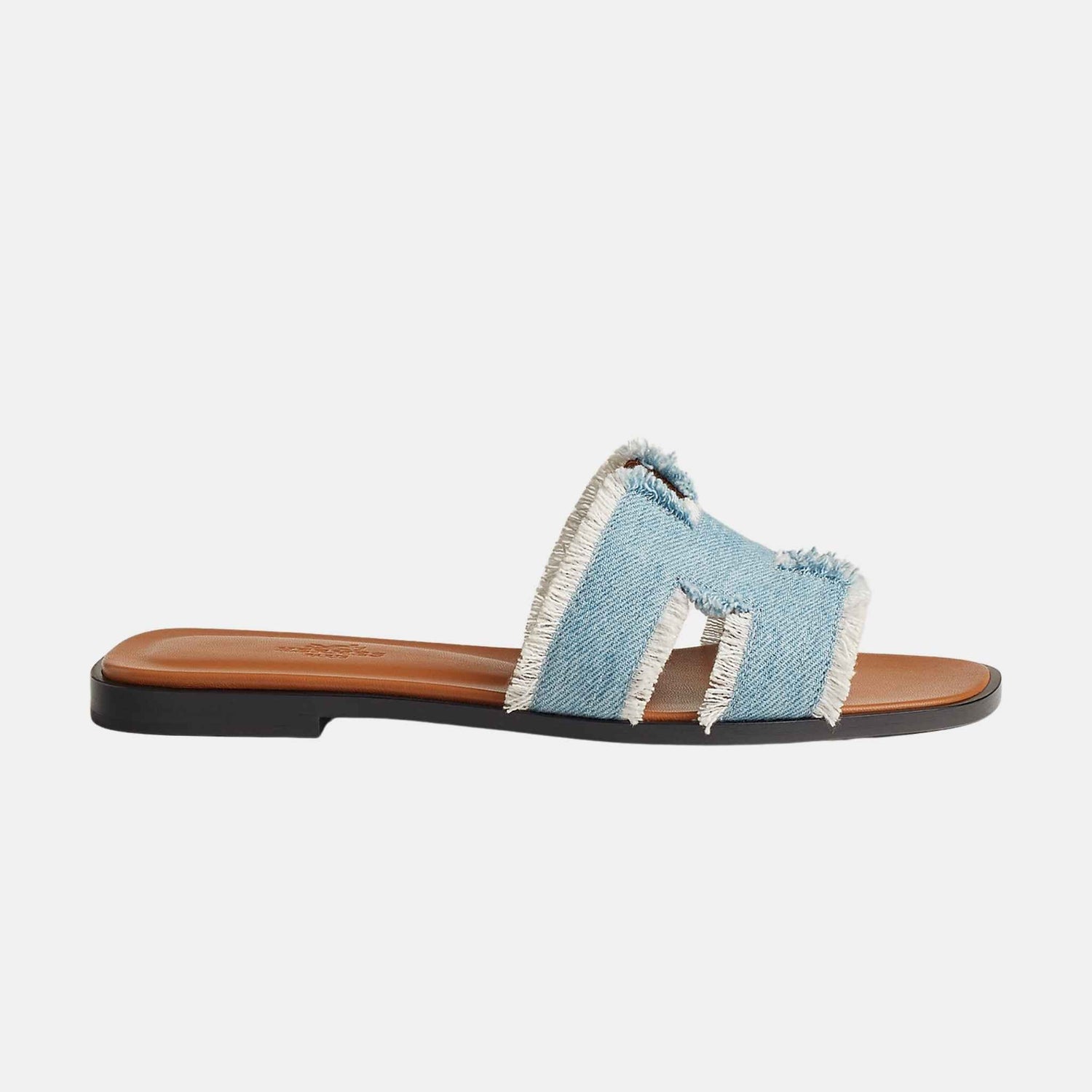 Hermes Oran Sandal Fringed Denim, Bleu Clair, Side View