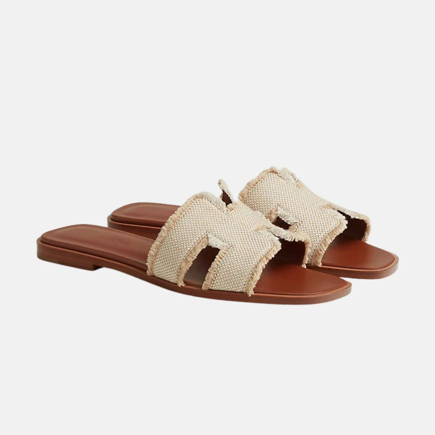 Hermes Oran Sandal Fringed Linen, Beige, Front View