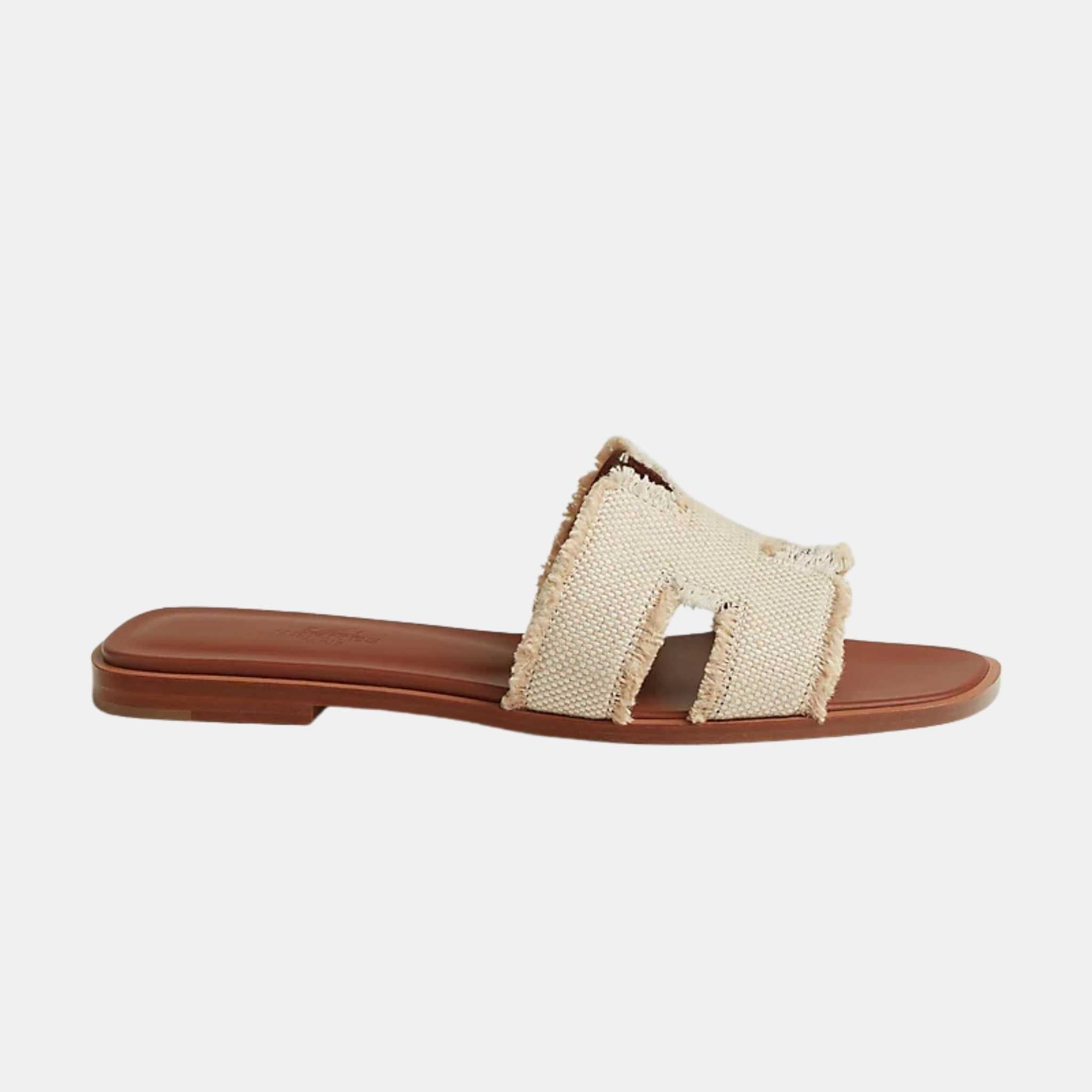 Hermes Oran Sandal Fringed Linen, Beige, Side View